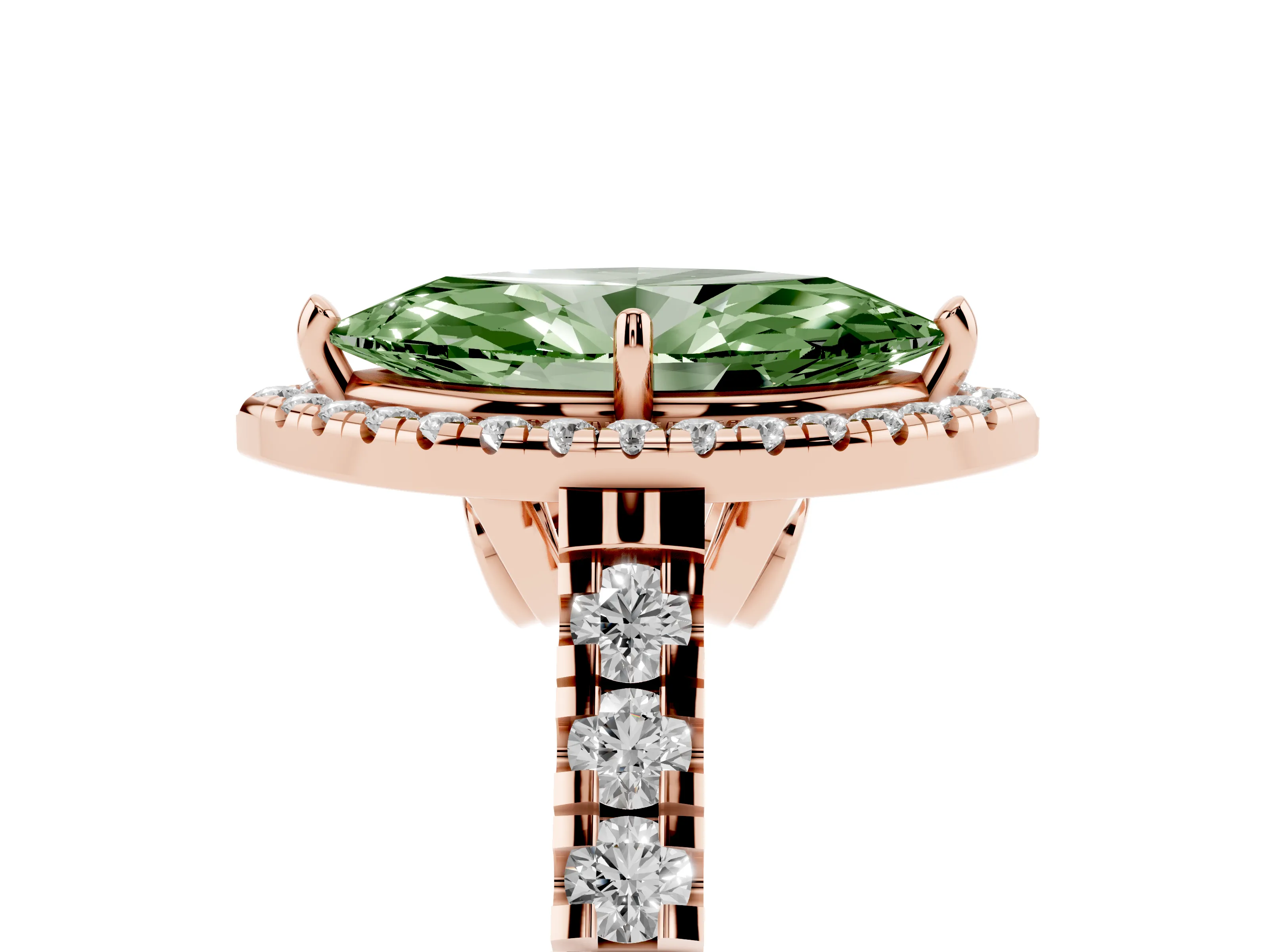 Fancy Green Marquise Cut Diamond Halo Engagement Ring Set in Rose gold with Pavé Band and Prong-Set Center