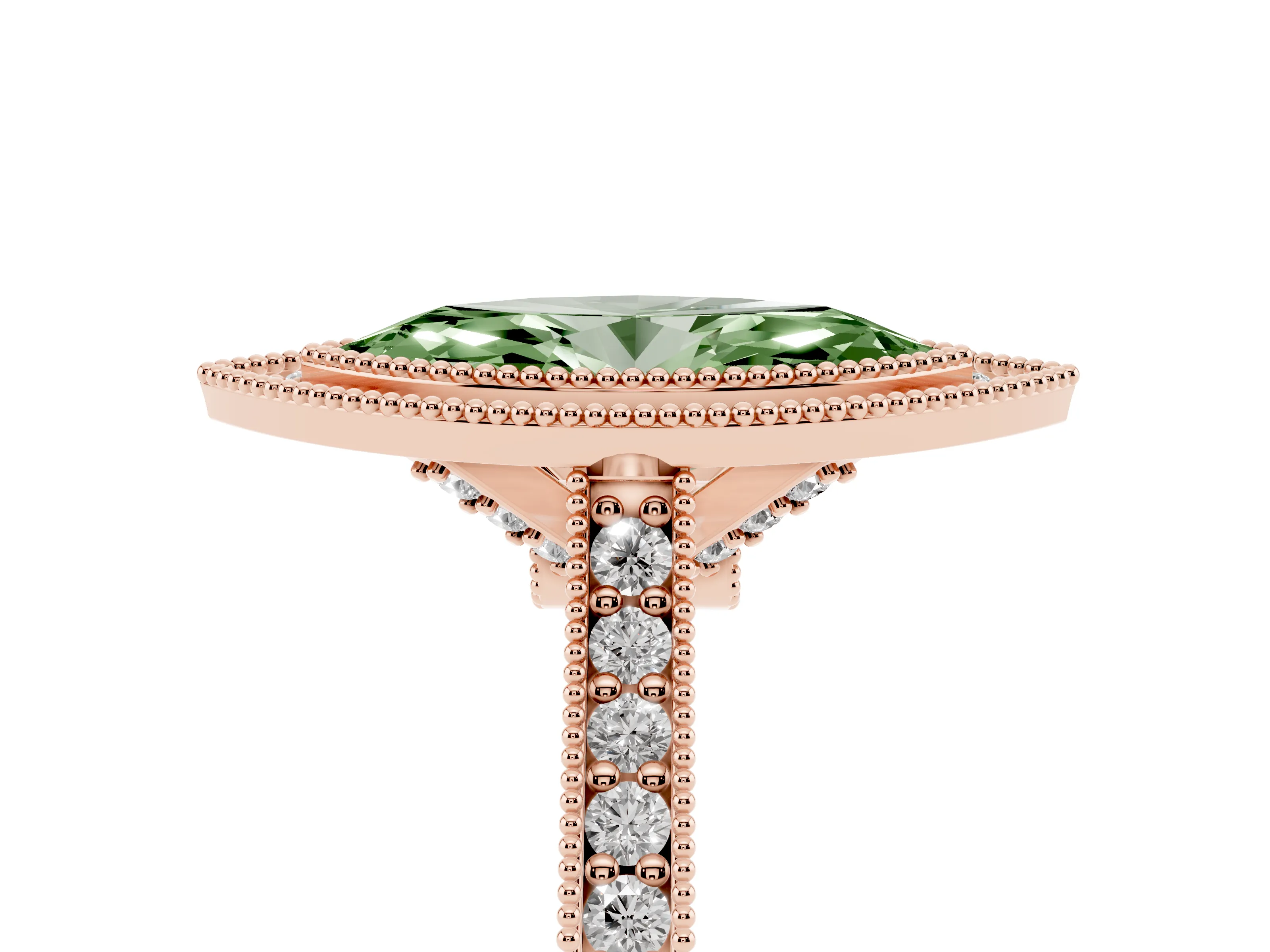 Fancy Green Marquise Cut Diamond Halo Milgrain Pavé Band Ring Set in Rose gold with Prong Setting