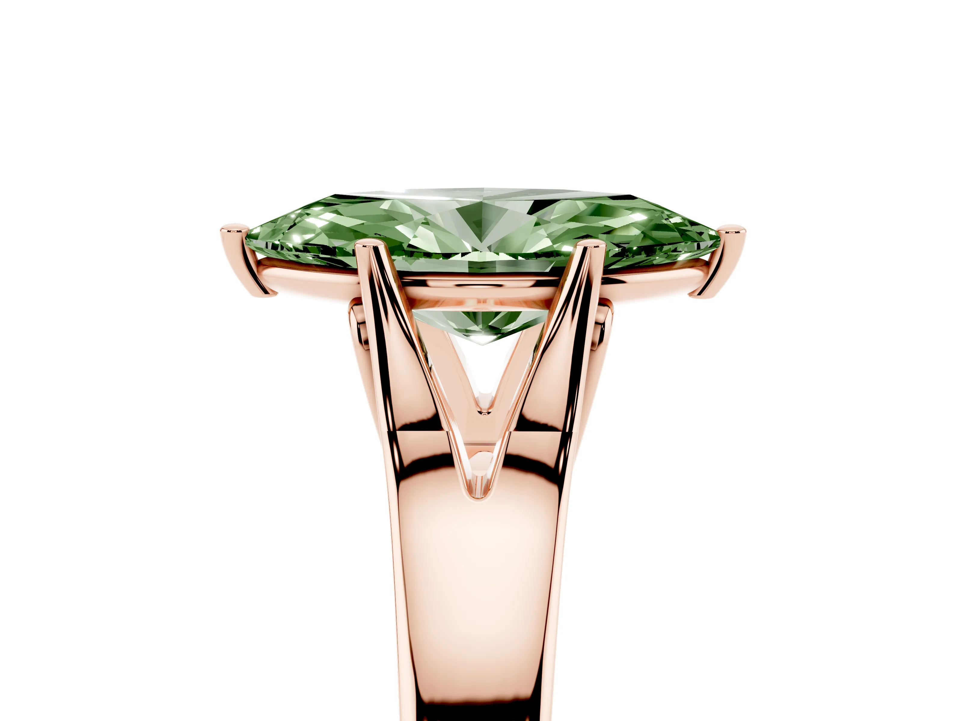 Fancy Green Marquise Cut Diamond Solitaire Ring Set in Rose gold with Arched Cathedral Band and Prong Setting