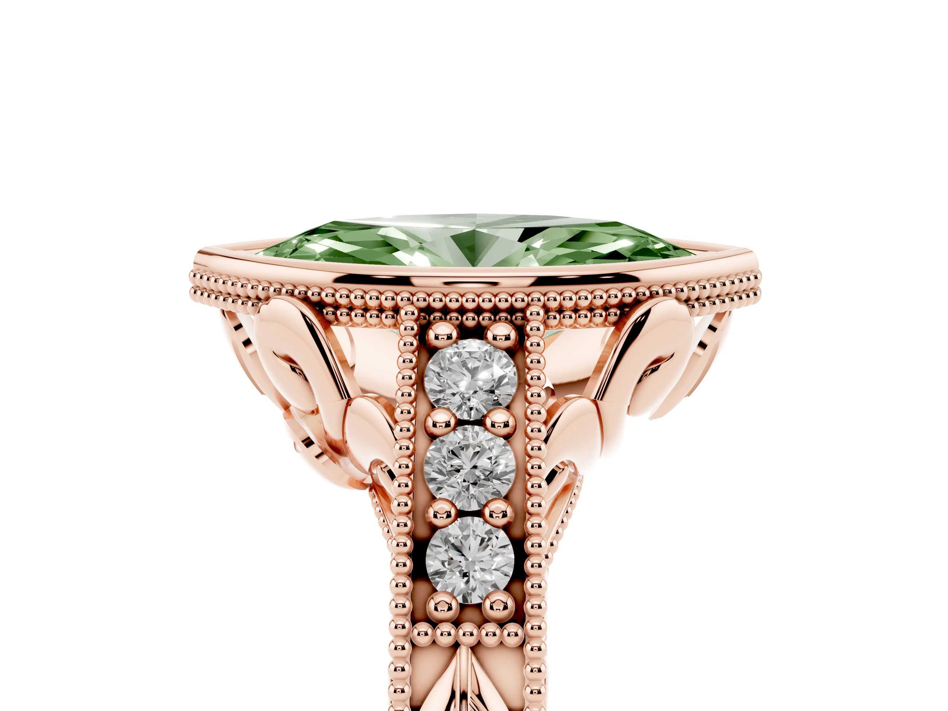 Fancy Green Bezel Set Marquise Cut Diamond Milgrain Pavé Engagement Ring Set in Rose gold