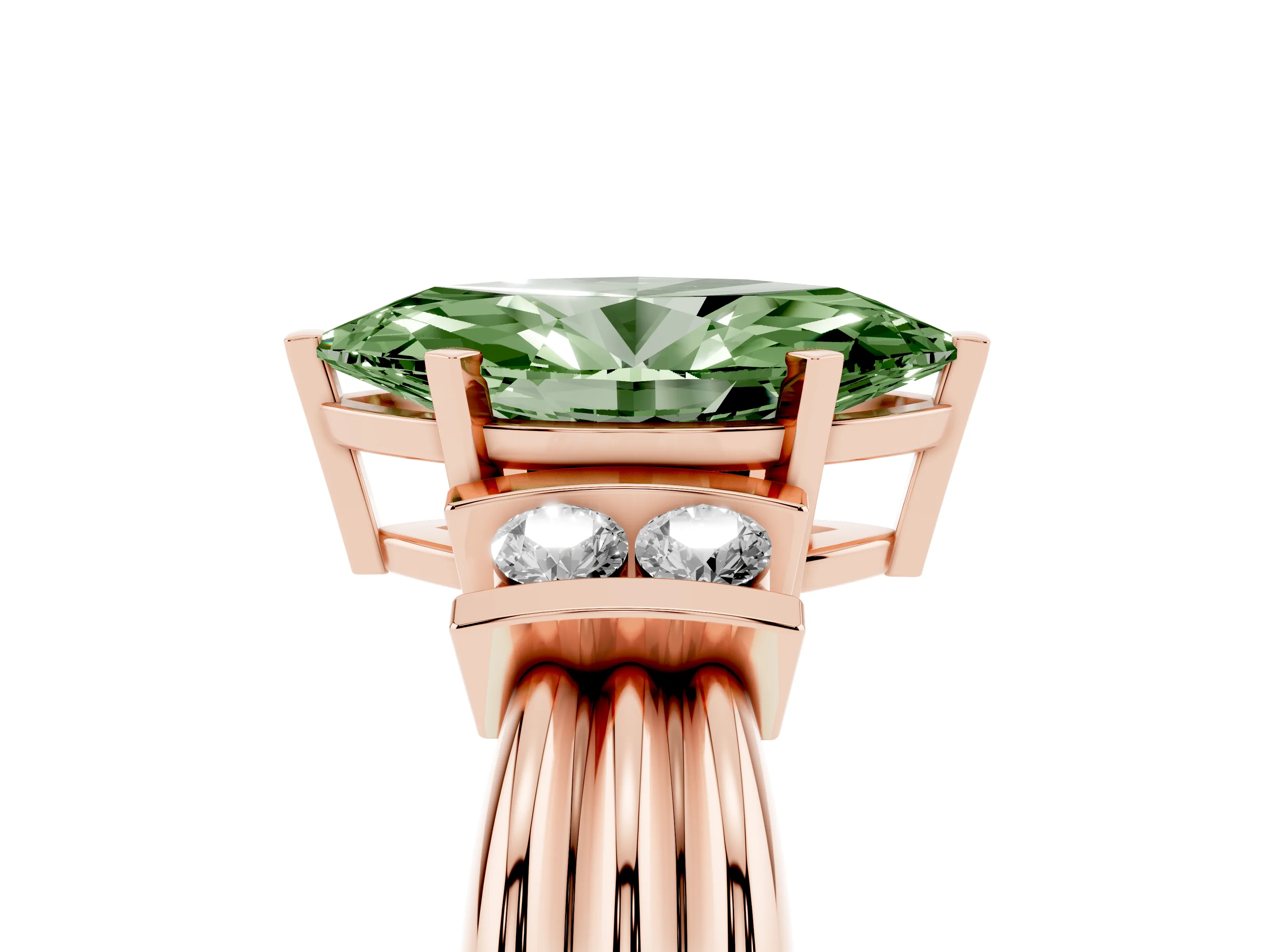 Fancy Green Three-Stone Marquise Cut Diamond Channel Set Ring Set in Rose gold with Bar Prongs