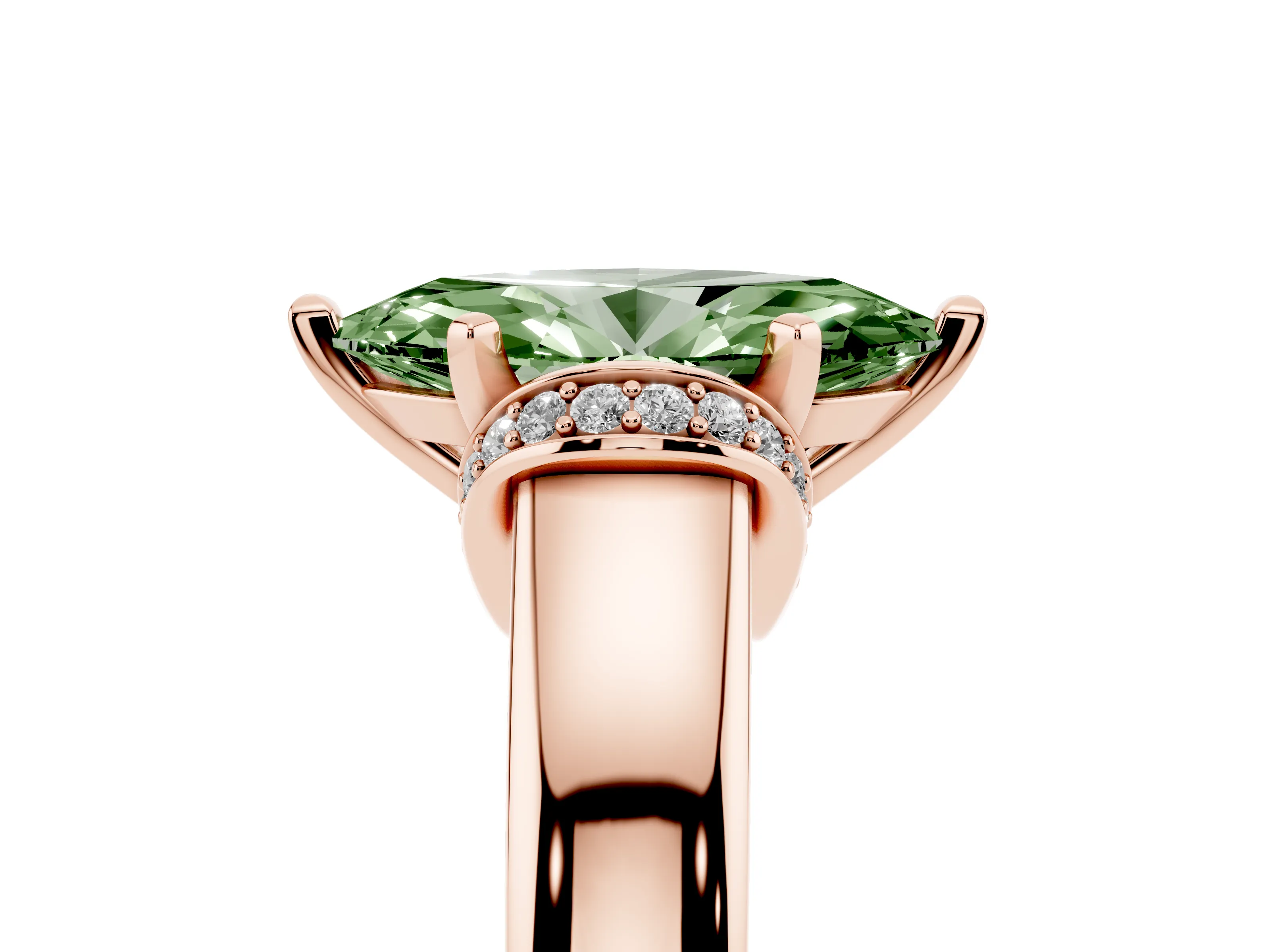 Fancy Green Marquise Cut Diamond Pavé Band Solitaire Ring Set in Rose gold with Prong Setting