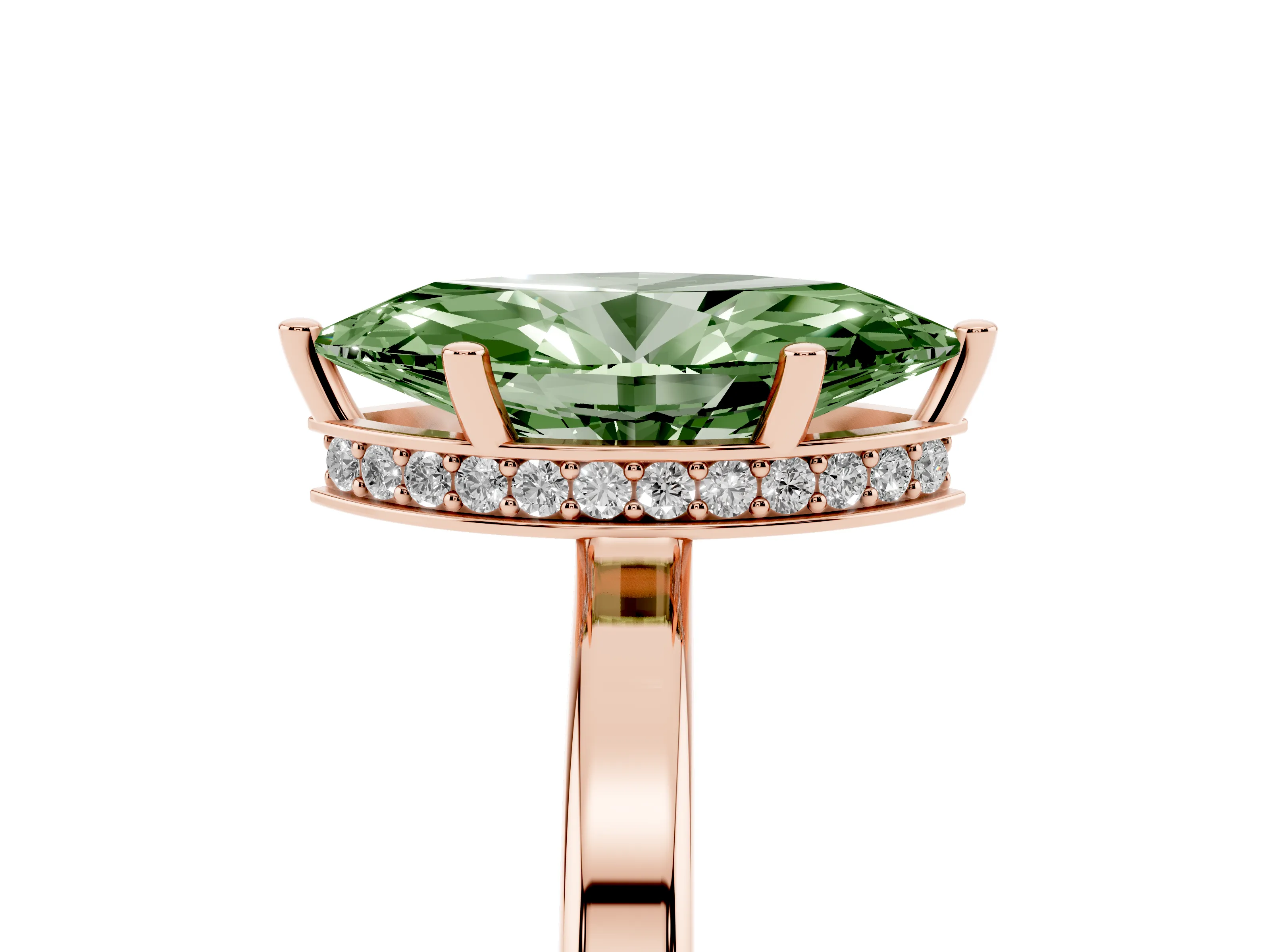 Fancy Green Marquise Cut Diamond Solitaire Engagement Ring Set in Rose gold with Prong Setting on a Plain Band