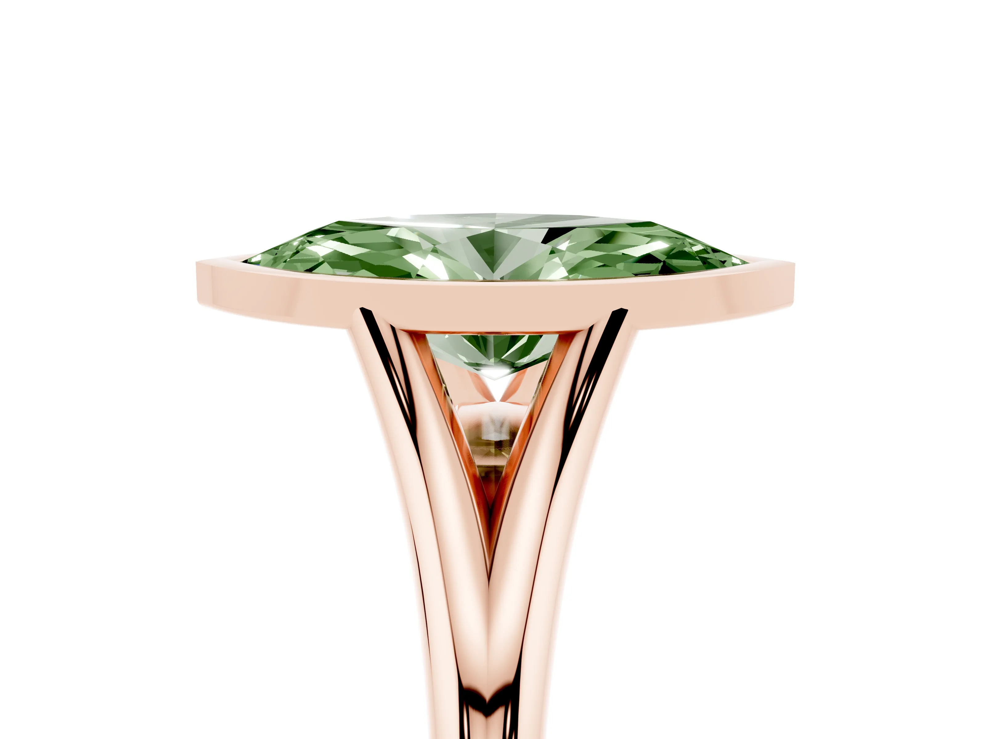 Fancy Green Bezel Set Marquise Cut Diamond Solitaire Ring Set in Rose gold with Tapered Band