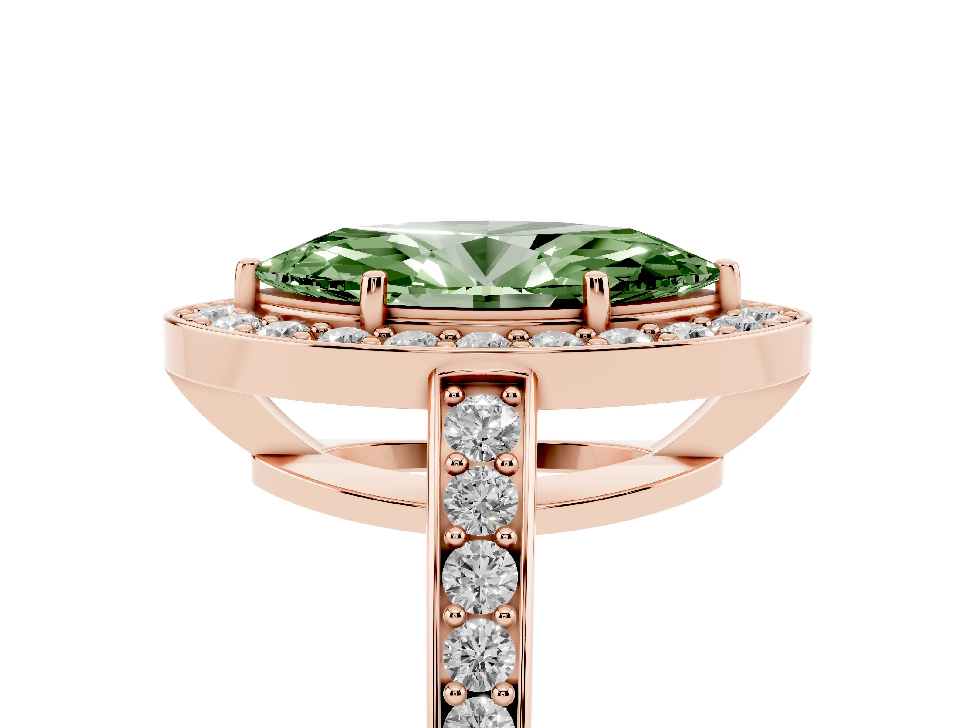 Fancy Green Marquise Cut Diamond Halo Pavé Engagement Ring Set in Rose gold with Bezel Setting