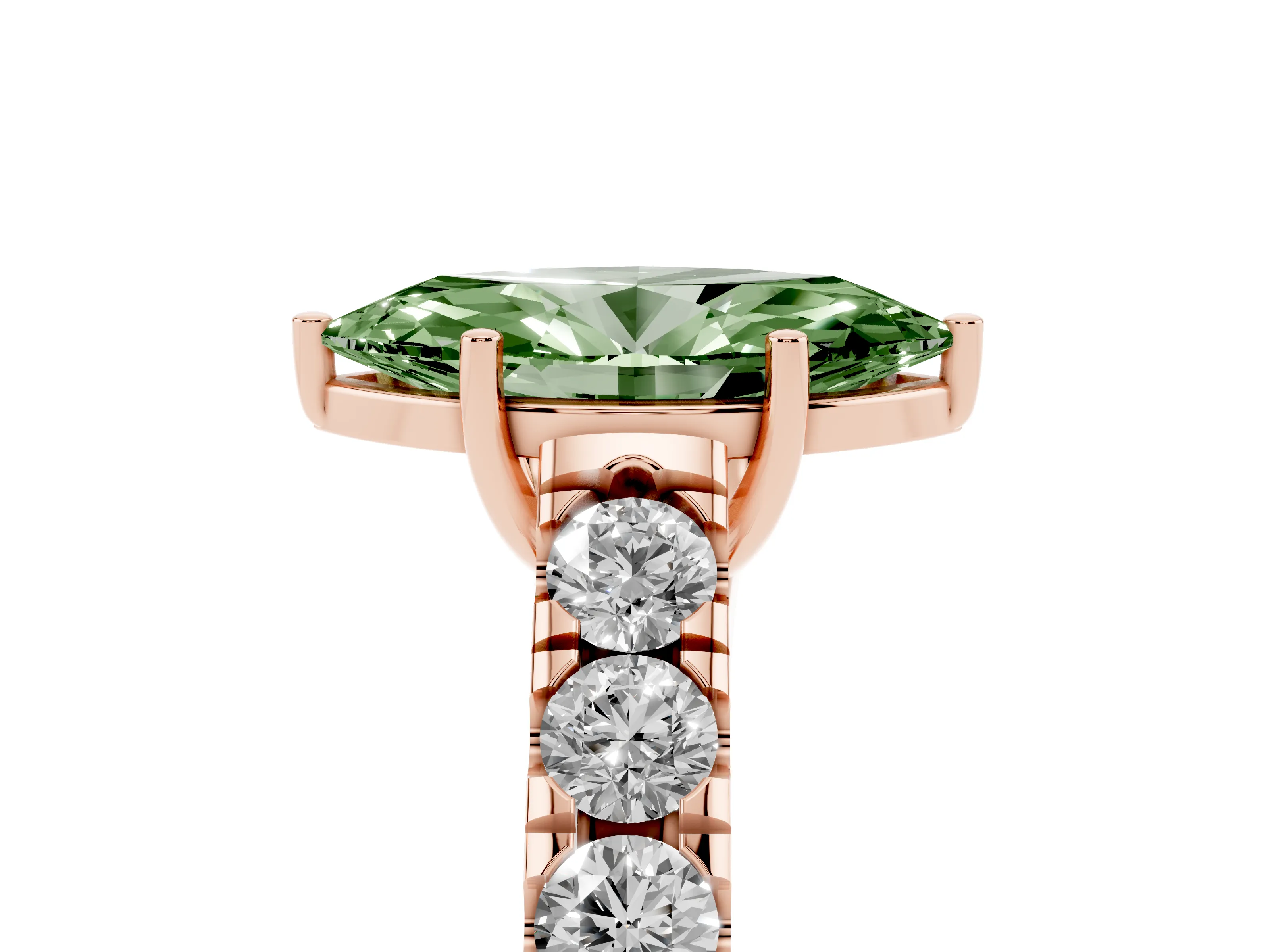 Fancy Green Marquise Cut Diamond Solitaire Ring Set in Rose gold with Cut-Down Micro Pavé Band and Prong Setting