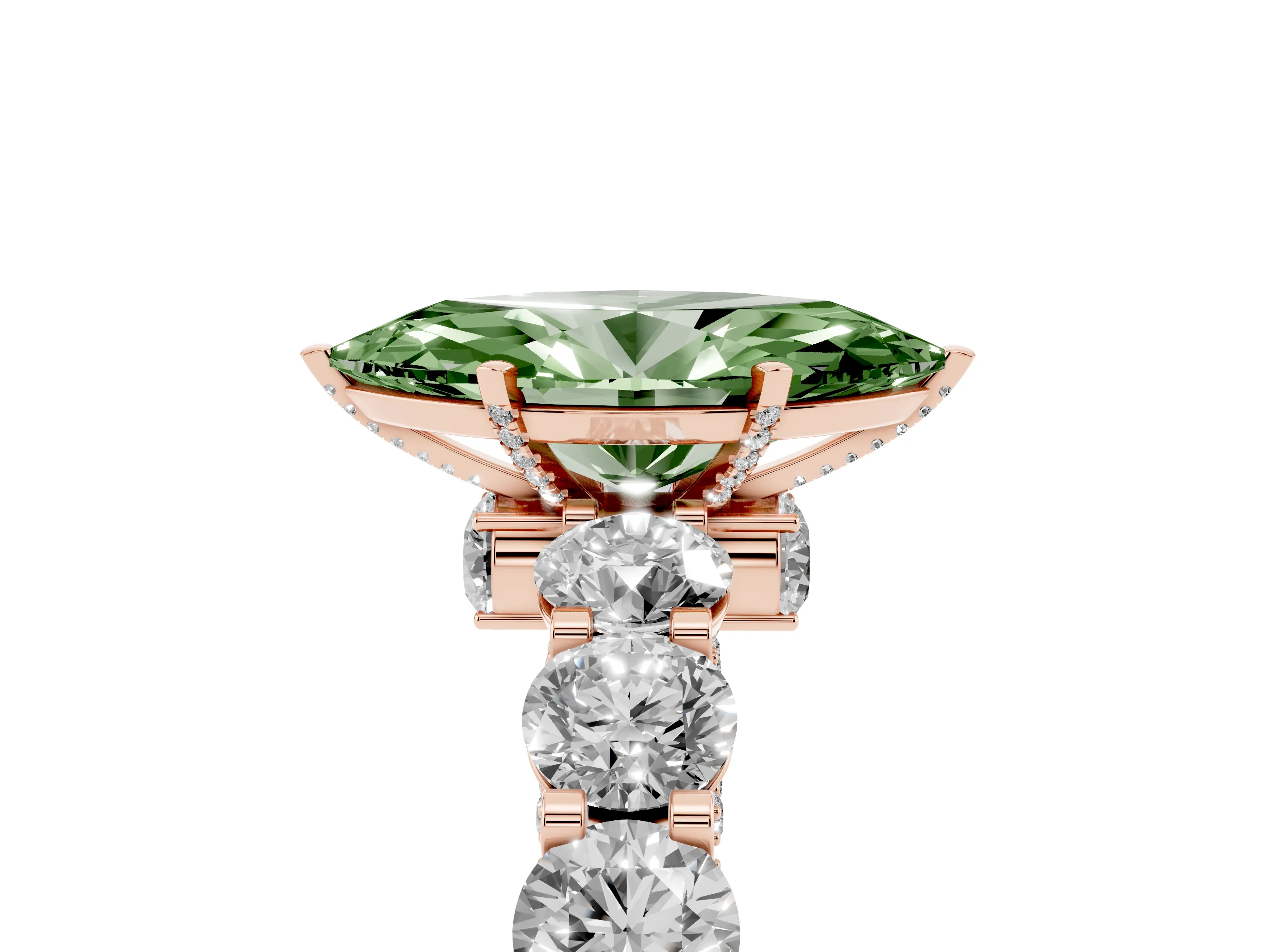 Fancy Green Marquise Cut Diamond Side Stone Ring Set in Rose gold with Alternating Round and Oval Side Stones