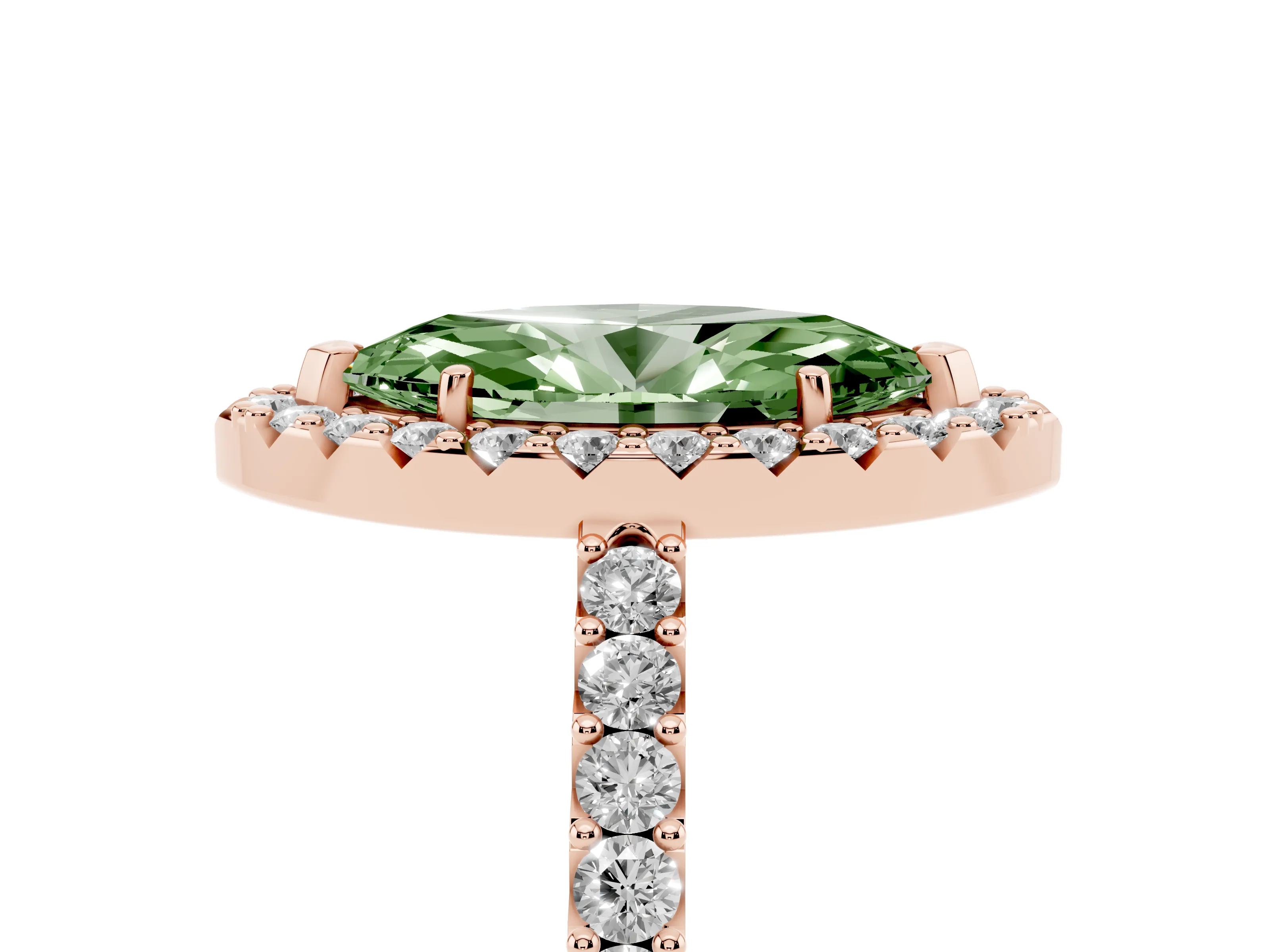 Fancy Green Marquise Cut Diamond Halo Pavé Solitaire Ring Set in Rose gold with Prong-Set Center Stone