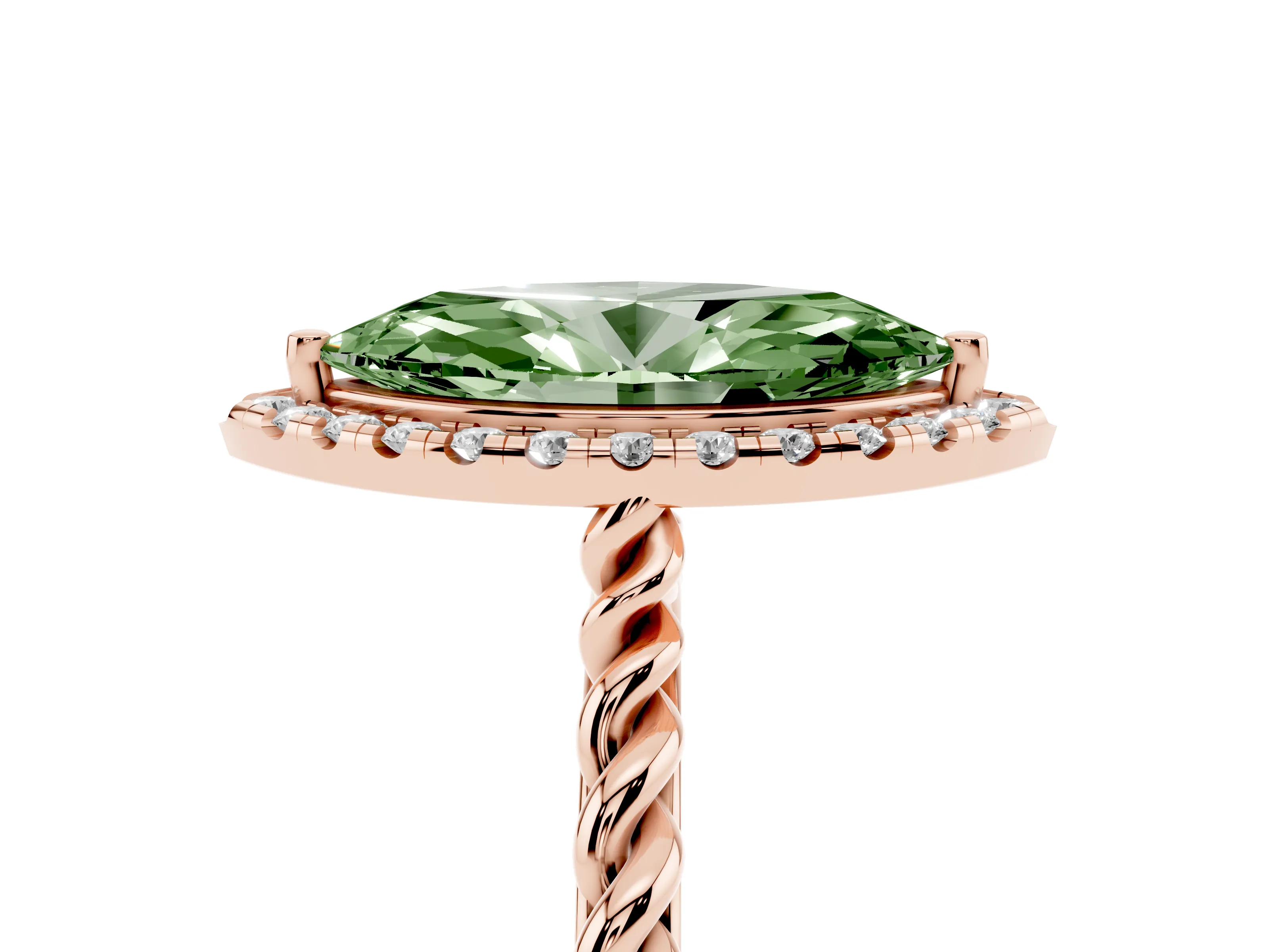 Fancy Green Marquise Cut Diamond Halo Ring Set in Rose gold with Plain Twisted Band