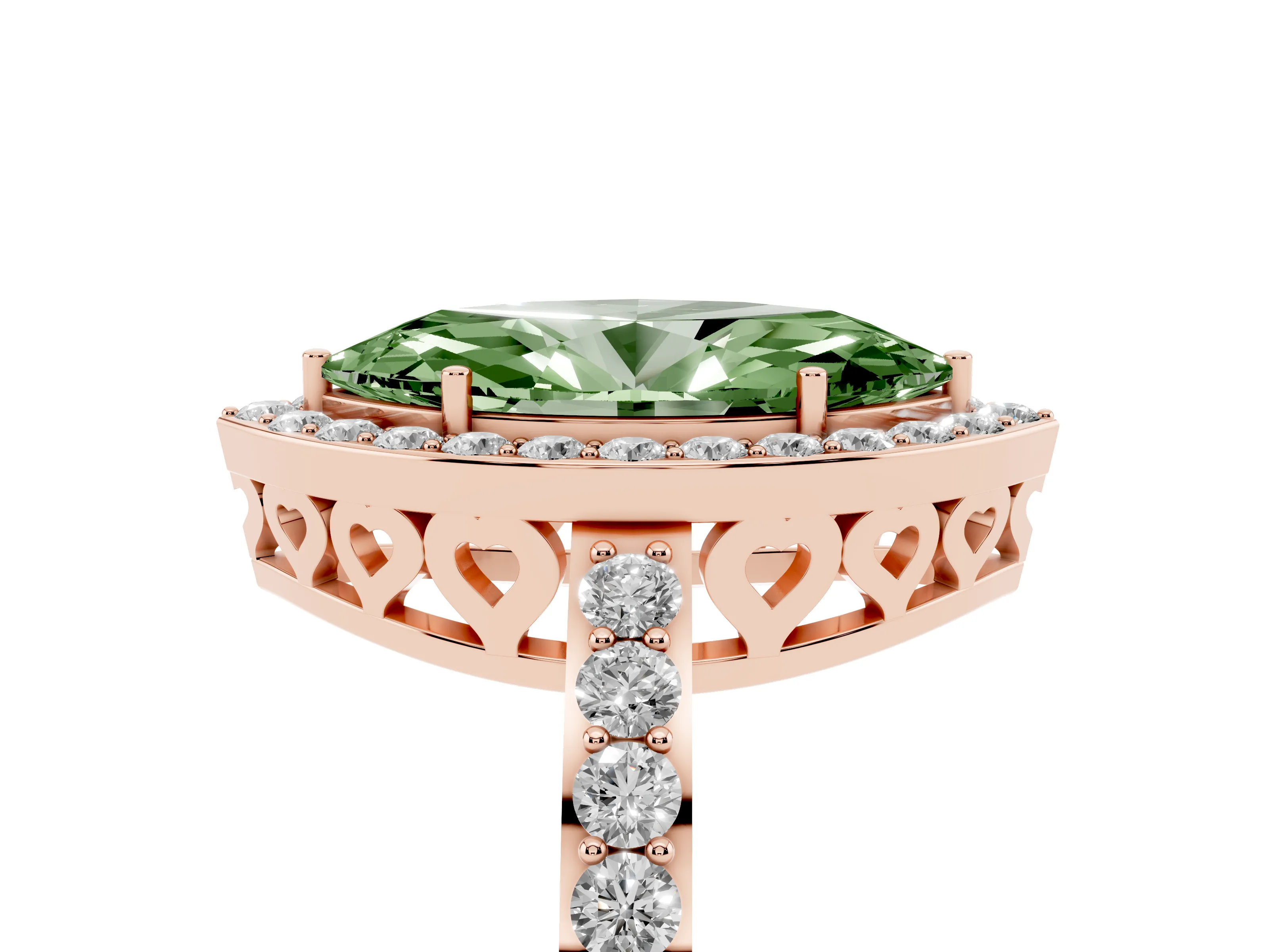 Fancy Green Marquise Cut Diamond Halo Ring Set in Rose gold with Pavé-Setting Band and Open Prong Center