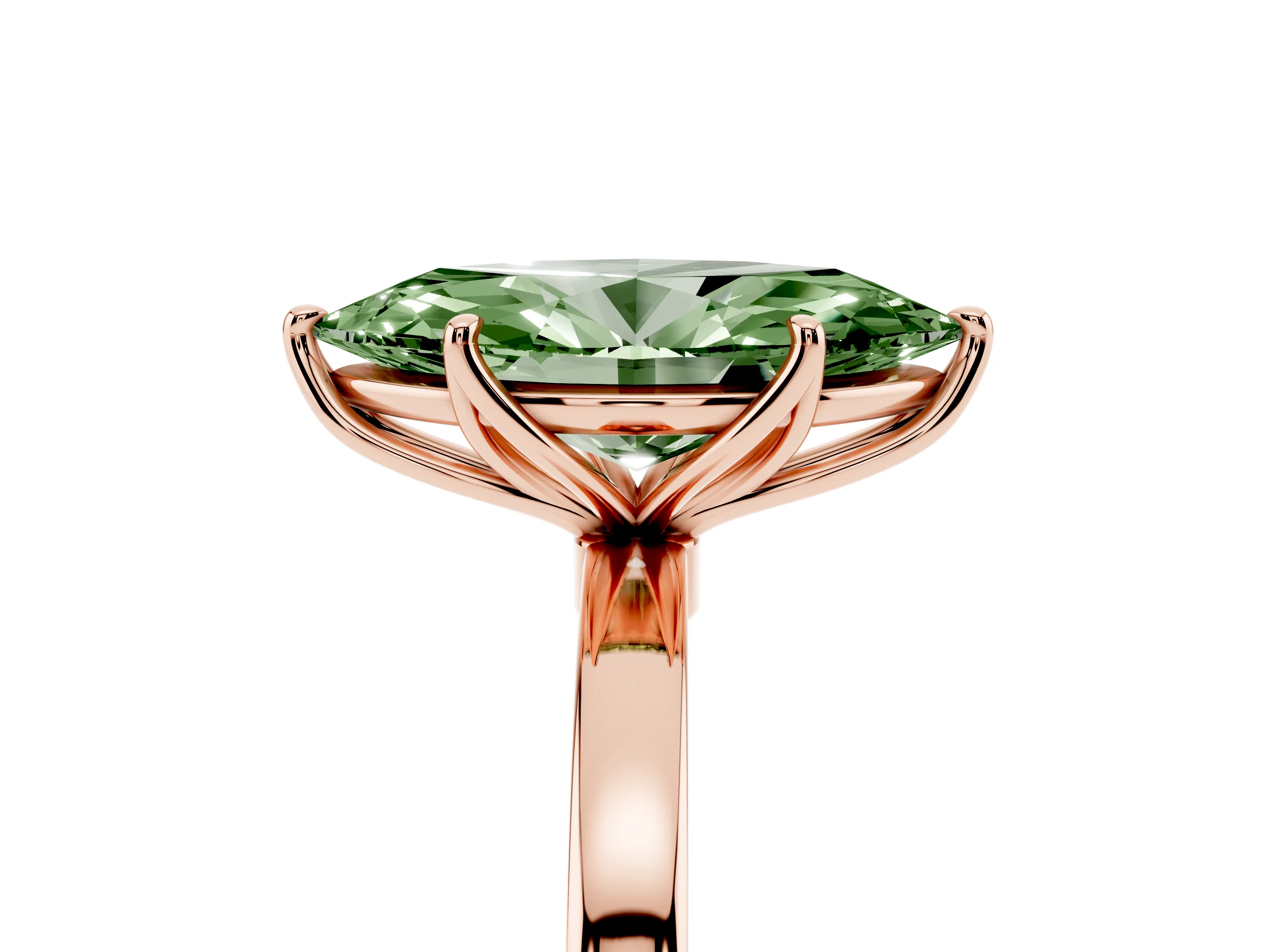 Fancy Green Marquise Cut Diamond Solitaire Ring Set in Rose gold with Prong Setting and Thin Polished Band