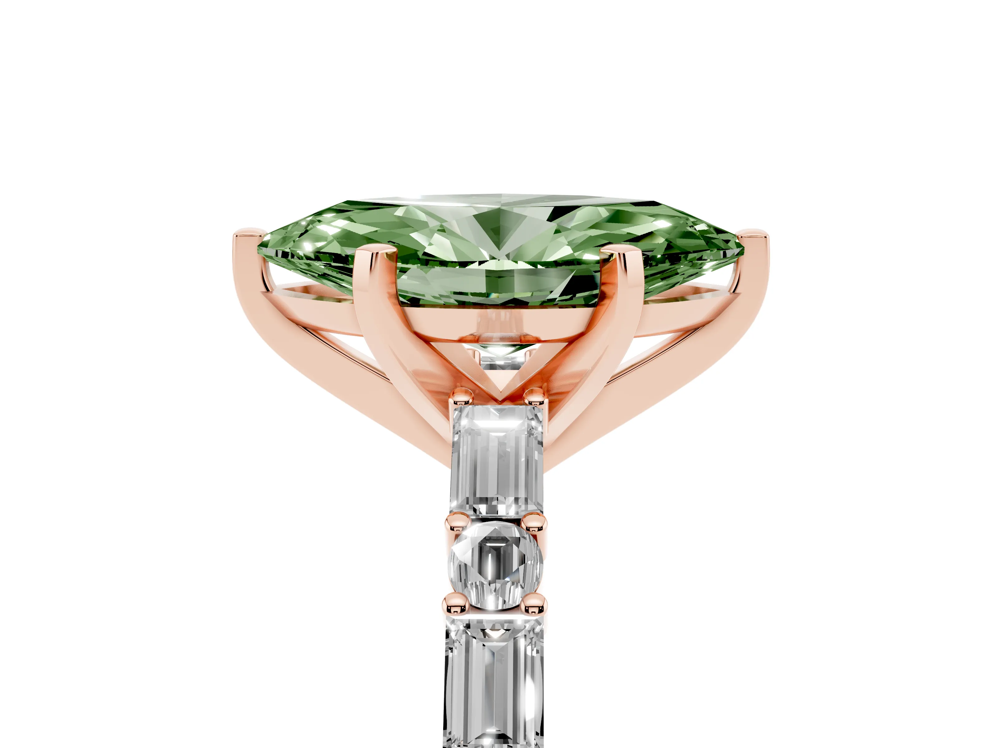 Fancy Green Marquise Cut Diamond Solitaire Set in Rose gold with Side Baguettes and Channel Set Band