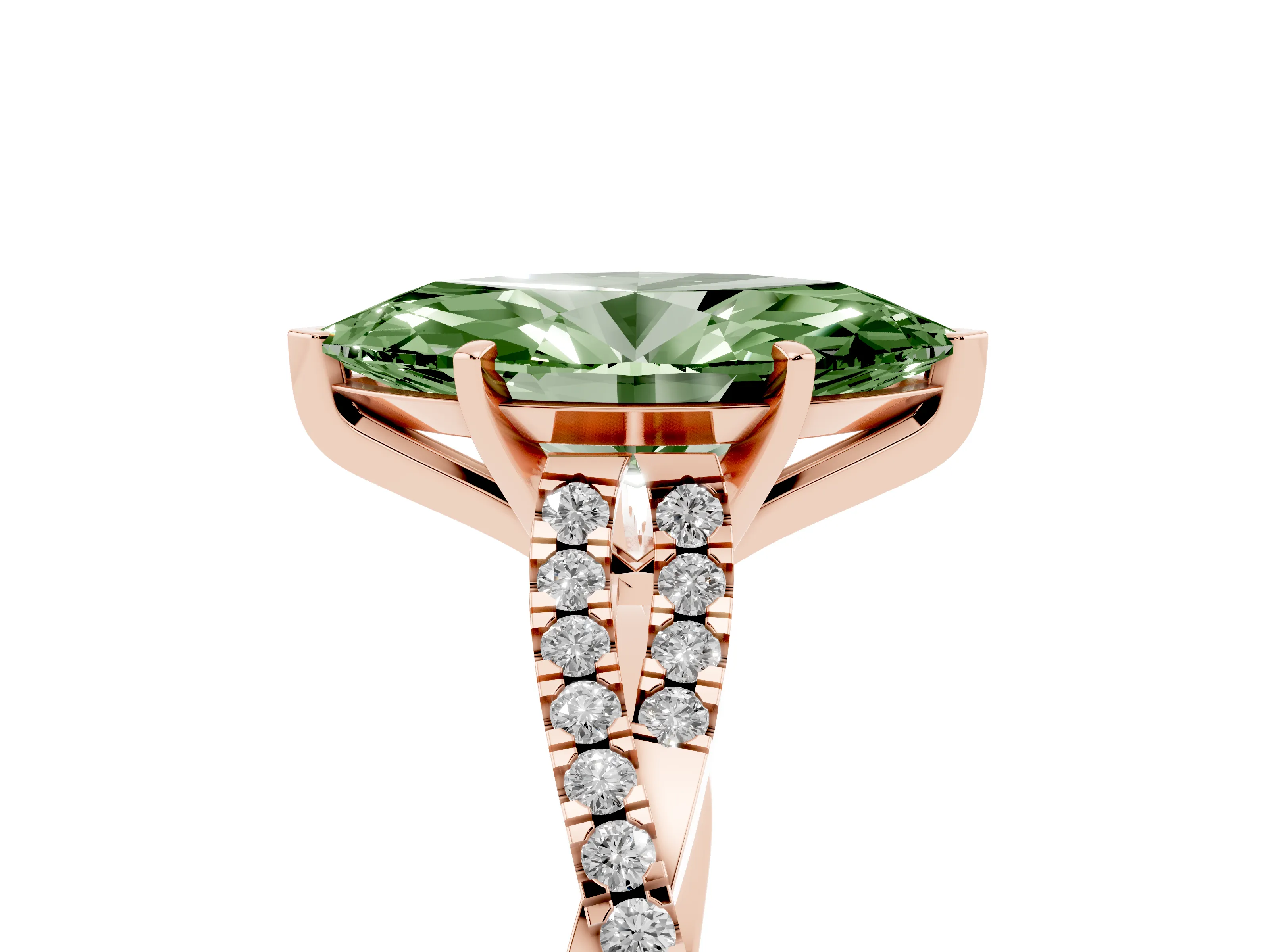 Fancy Green Marquise Cut Diamond Solitaire Engagement Ring Set in Rose gold with Twisted Pavé Band and Prong Setting