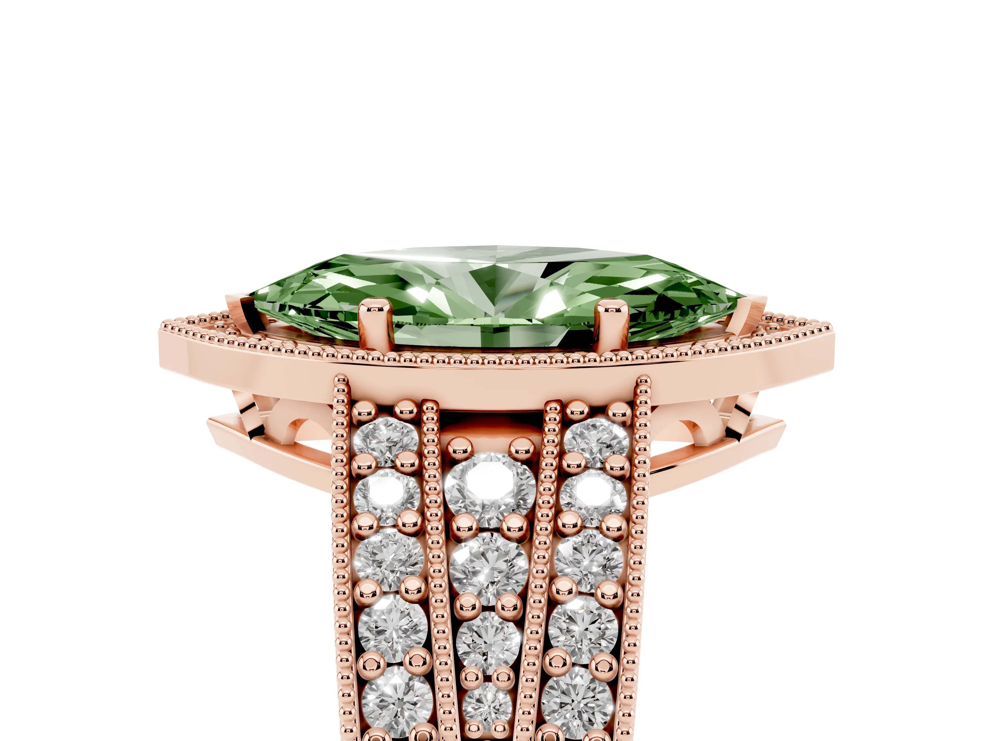 Fancy Green Marquise Cut Diamond Halo Ring Set in Rose gold with Accent Split Shank and Prong Setting