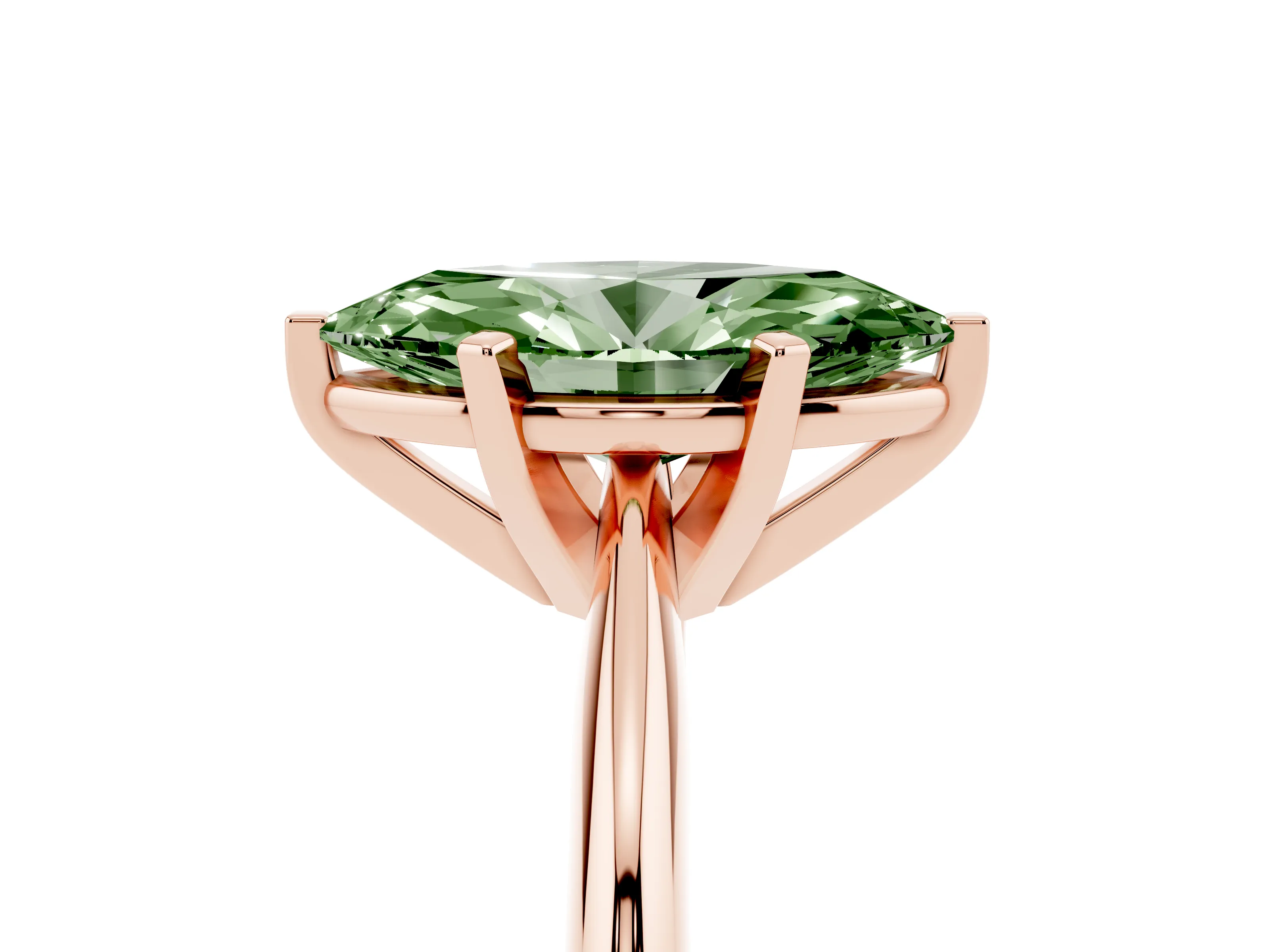 Fancy Green Marquise Cut Diamond Solitaire Ring Set in Rose gold with Prong Setting on a Plain Round Band