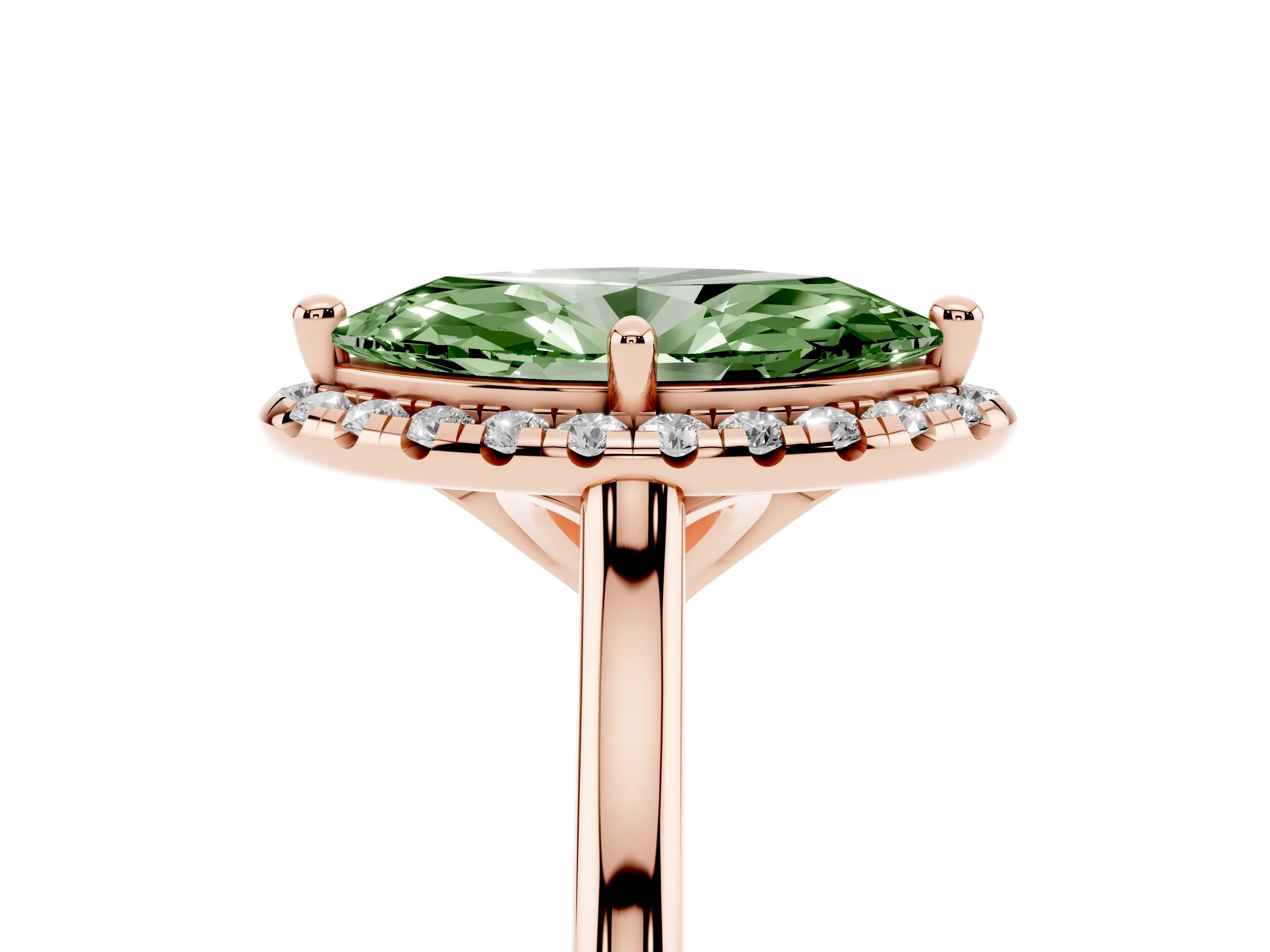 Fancy Green Marquise Cut Diamond Halo Engagement Ring Set in Rose gold with Pavé Band and Rising Shoulders