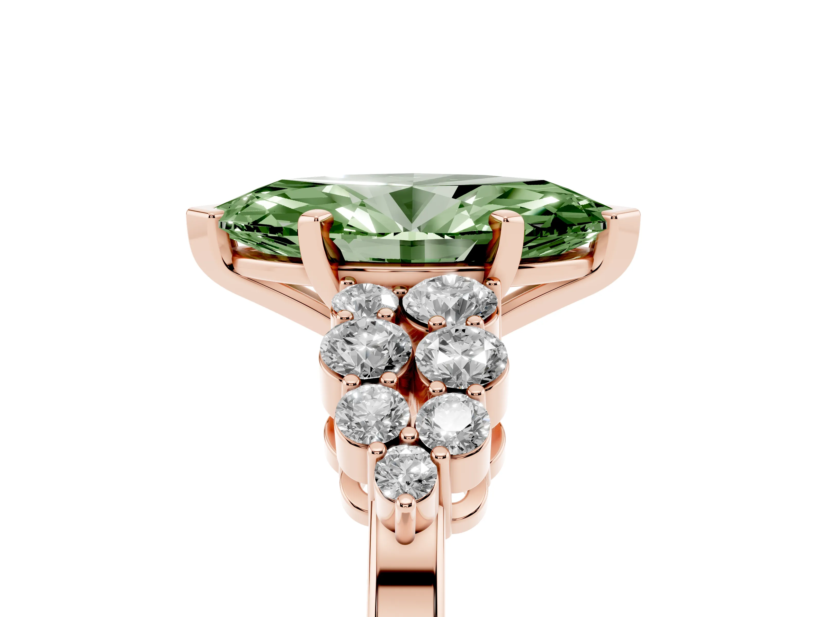 Fancy Green Marquise Cut Diamond Cluster Engagement Ring Set in Rose gold with Pavé Band and Prong Setting