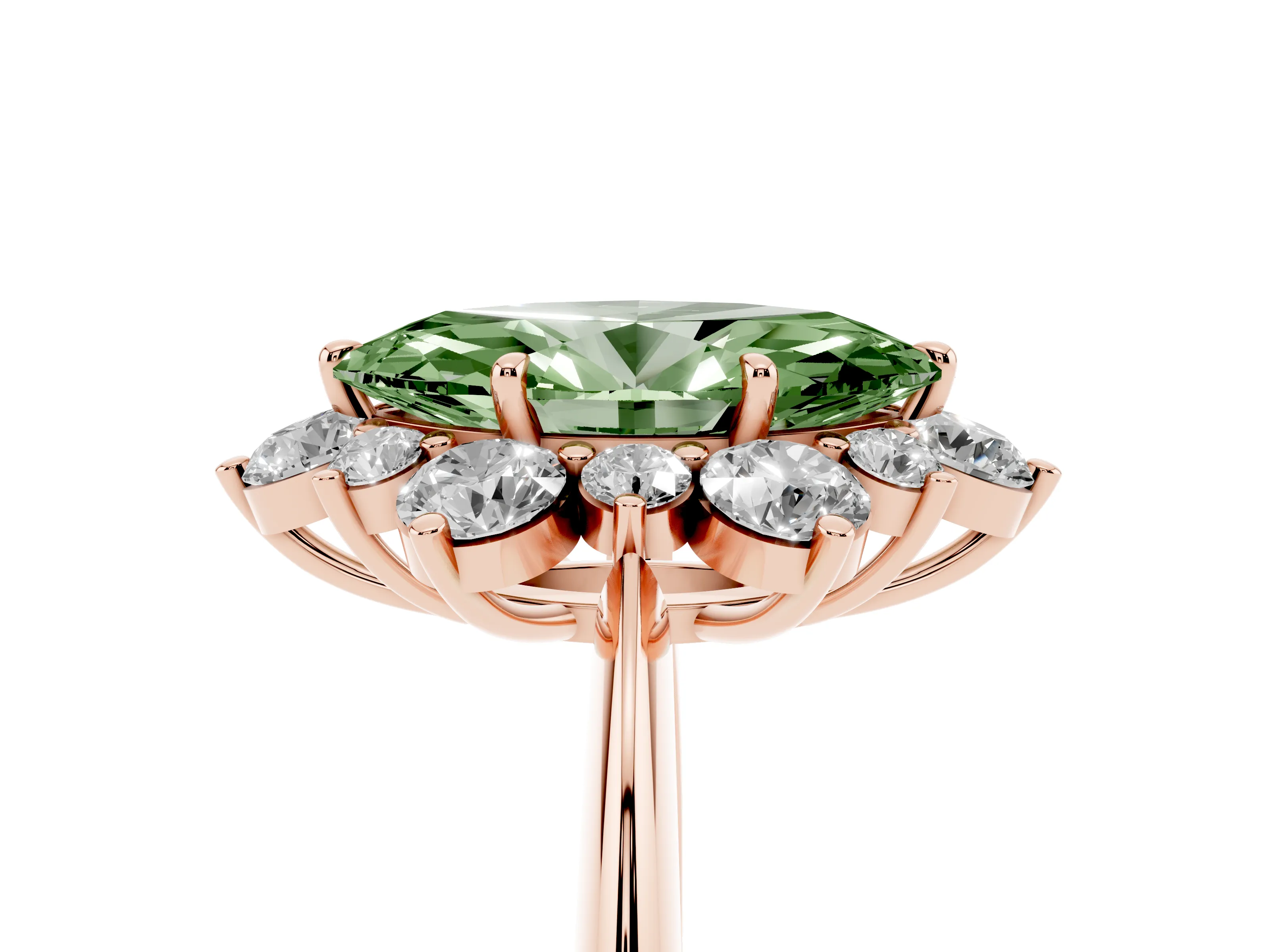 Fancy Green Marquise Cut Diamond Cluster Halo Ring Set in Rose gold with Solitaire Band and Prong Setting