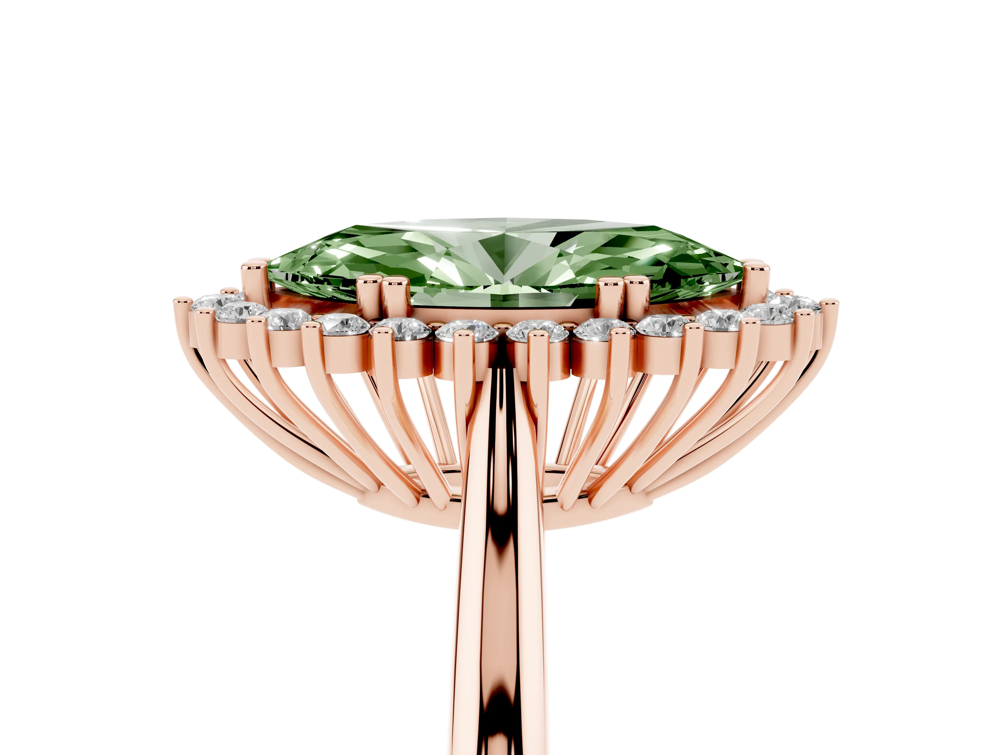 Fancy Green Marquise Cut Diamond Halo Ring Set in Rose gold with Plain Solitaire Band and Prong Setting