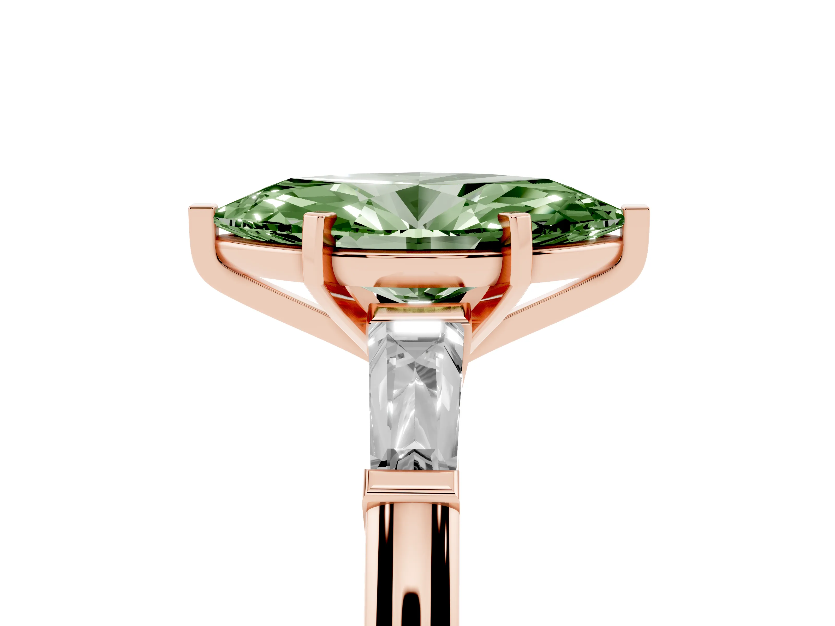 Fancy Green Marquise Cut Diamond Solitaire Ring Set in Rose gold with Tapered Baguette Side Stones and Prong Setting