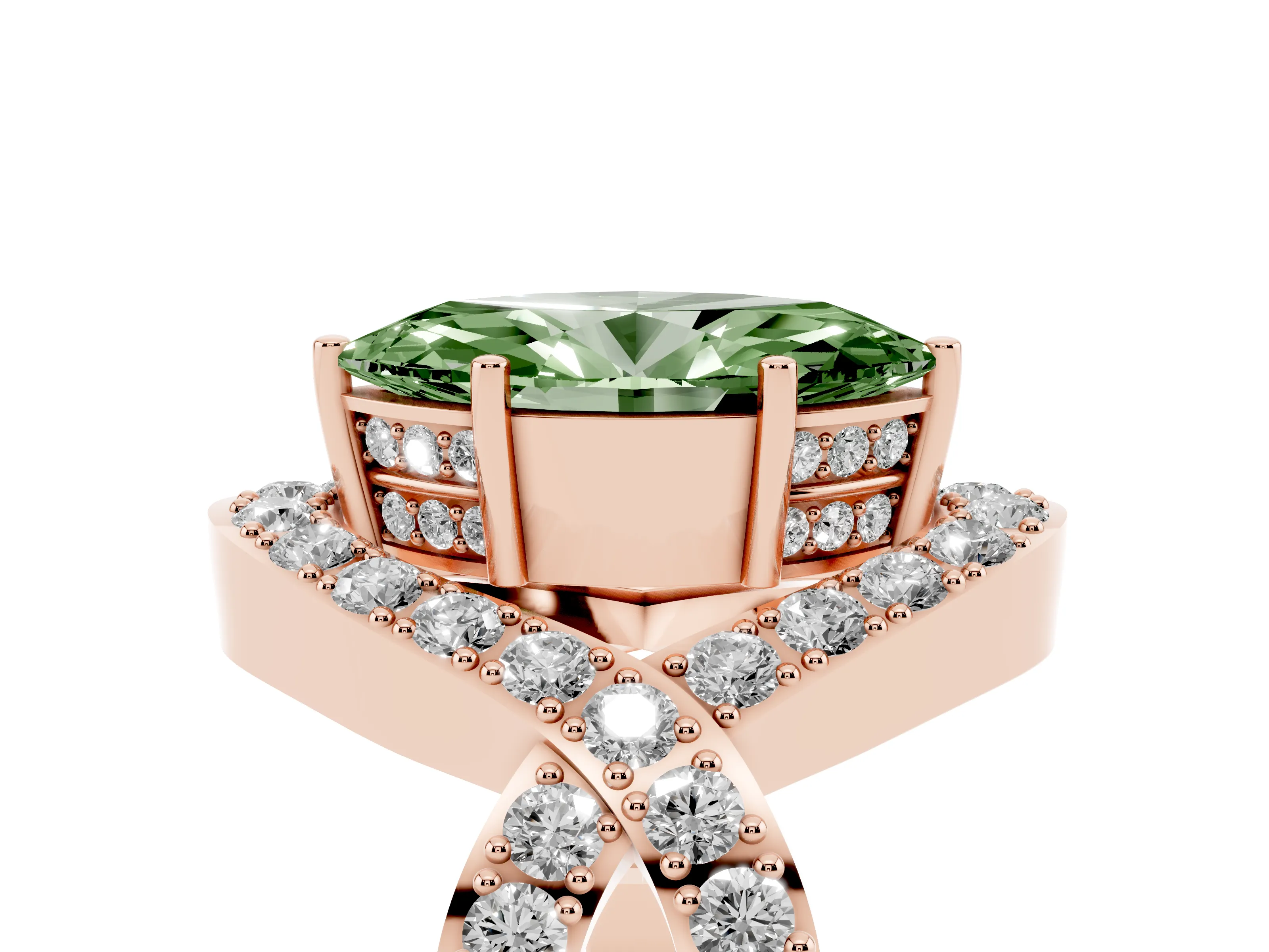 Fancy Green Marquise Cut Diamond Solitaire Twist Band Pavé Engagement Ring Set in Rose gold