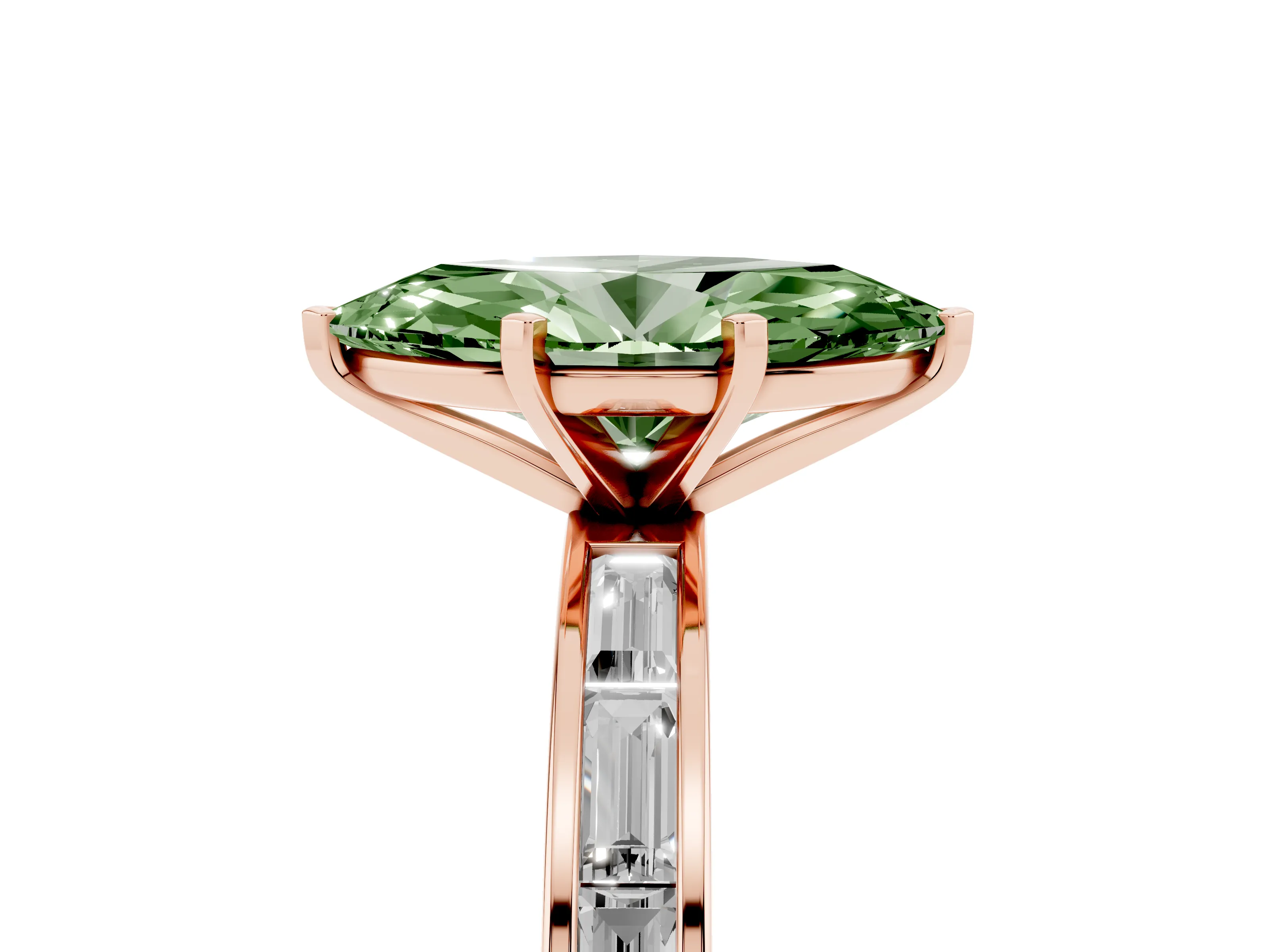 Fancy Green Marquise Cut Diamond Solitaire Ring Set in Rose gold with Channel-Set Baguette Band and Prong Setting