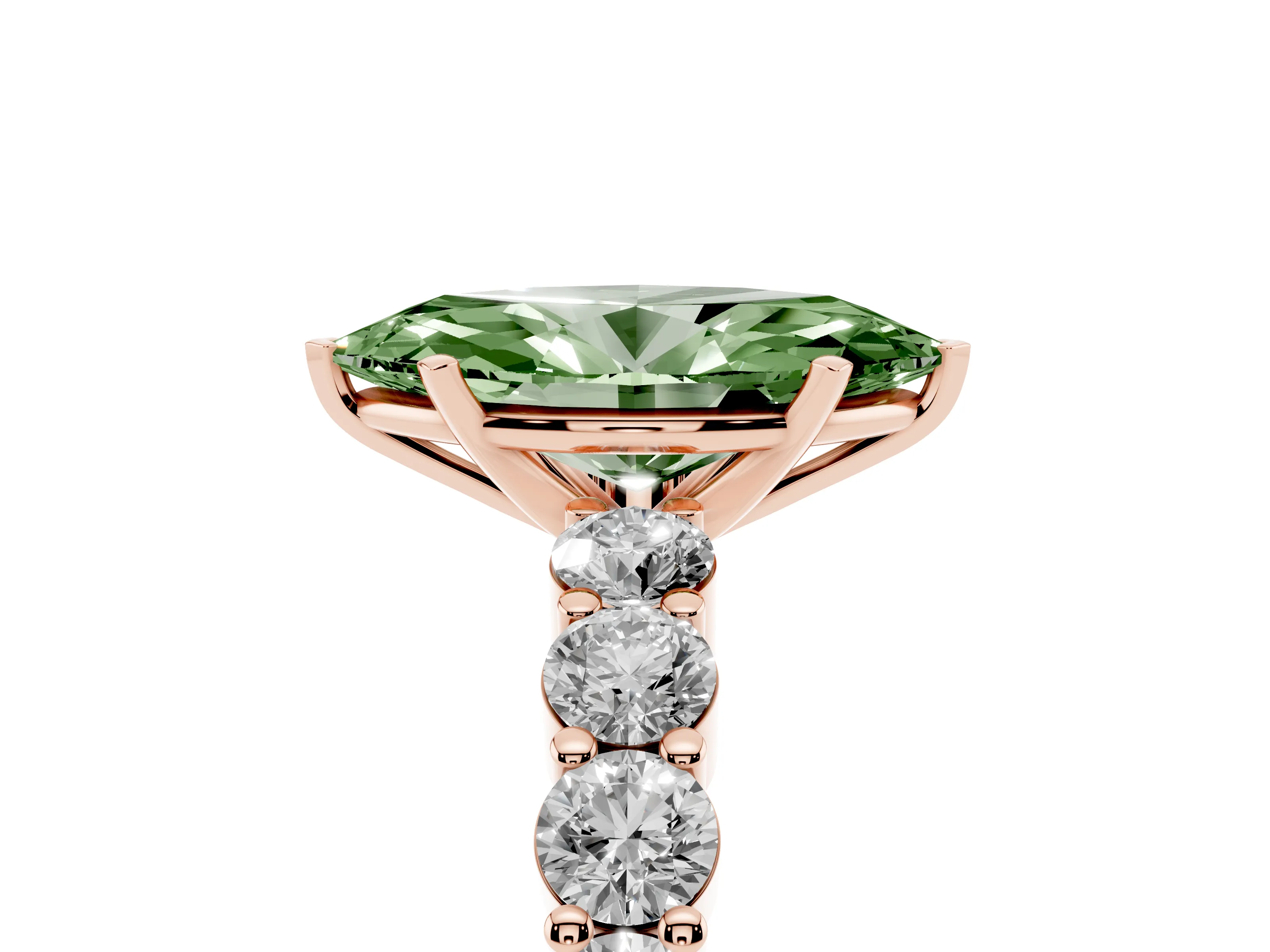 Fancy Green Marquise Cut Diamond Solitaire Ring Set in Rose gold with Shared Prong Round Side Stones