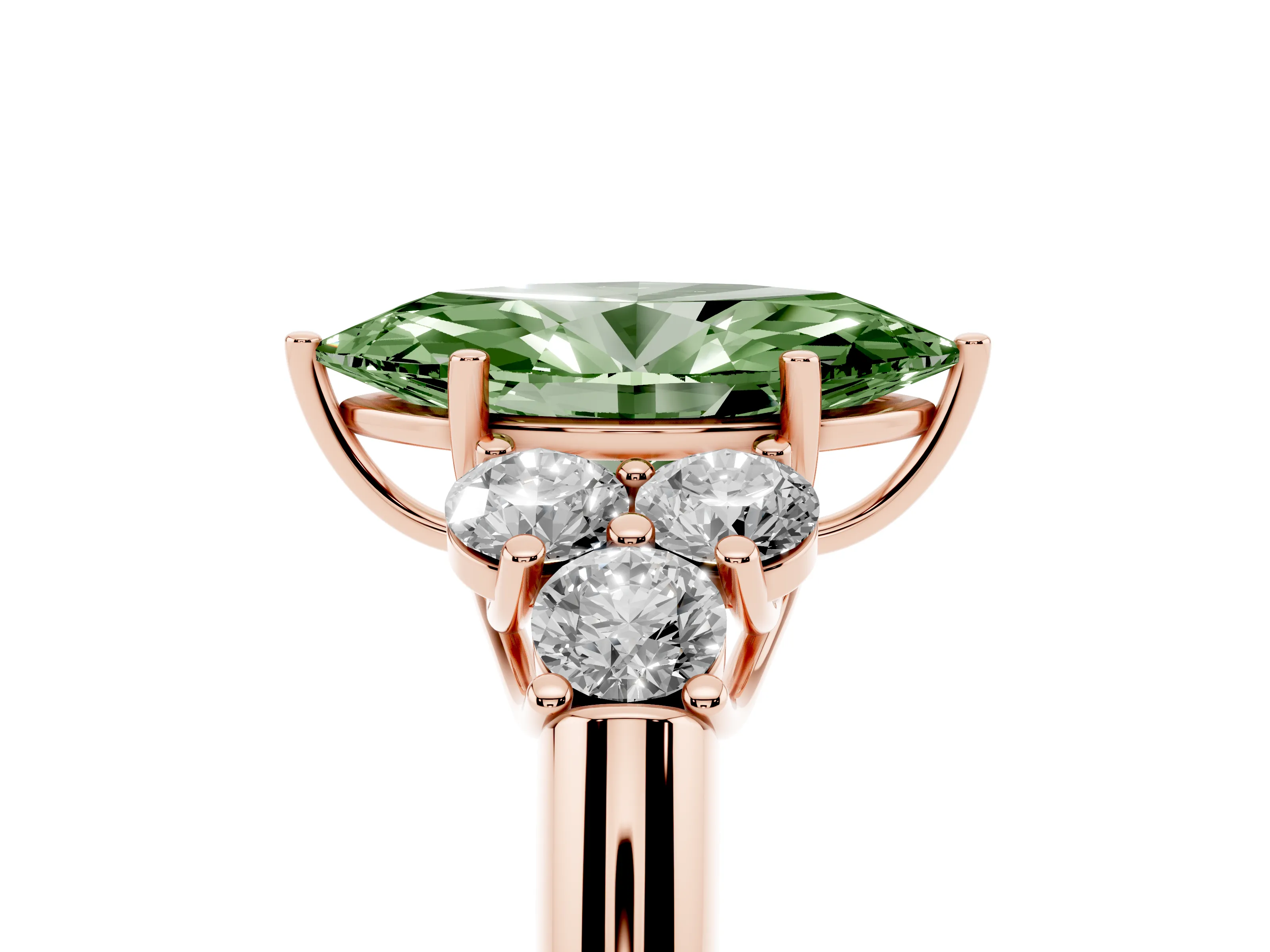 Fancy Green Marquise Cut Diamond Cluster Ring Set in Rose gold with Round Accent Stones and Prong Setting on a Plain Band