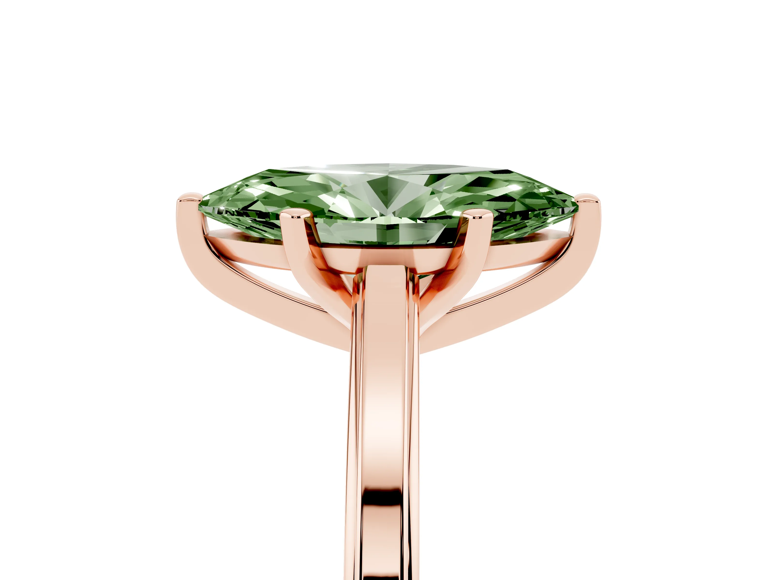 Fancy Green Marquise Cut Diamond Solitaire Ring Set in Rose gold with Prong Setting and Classic Band