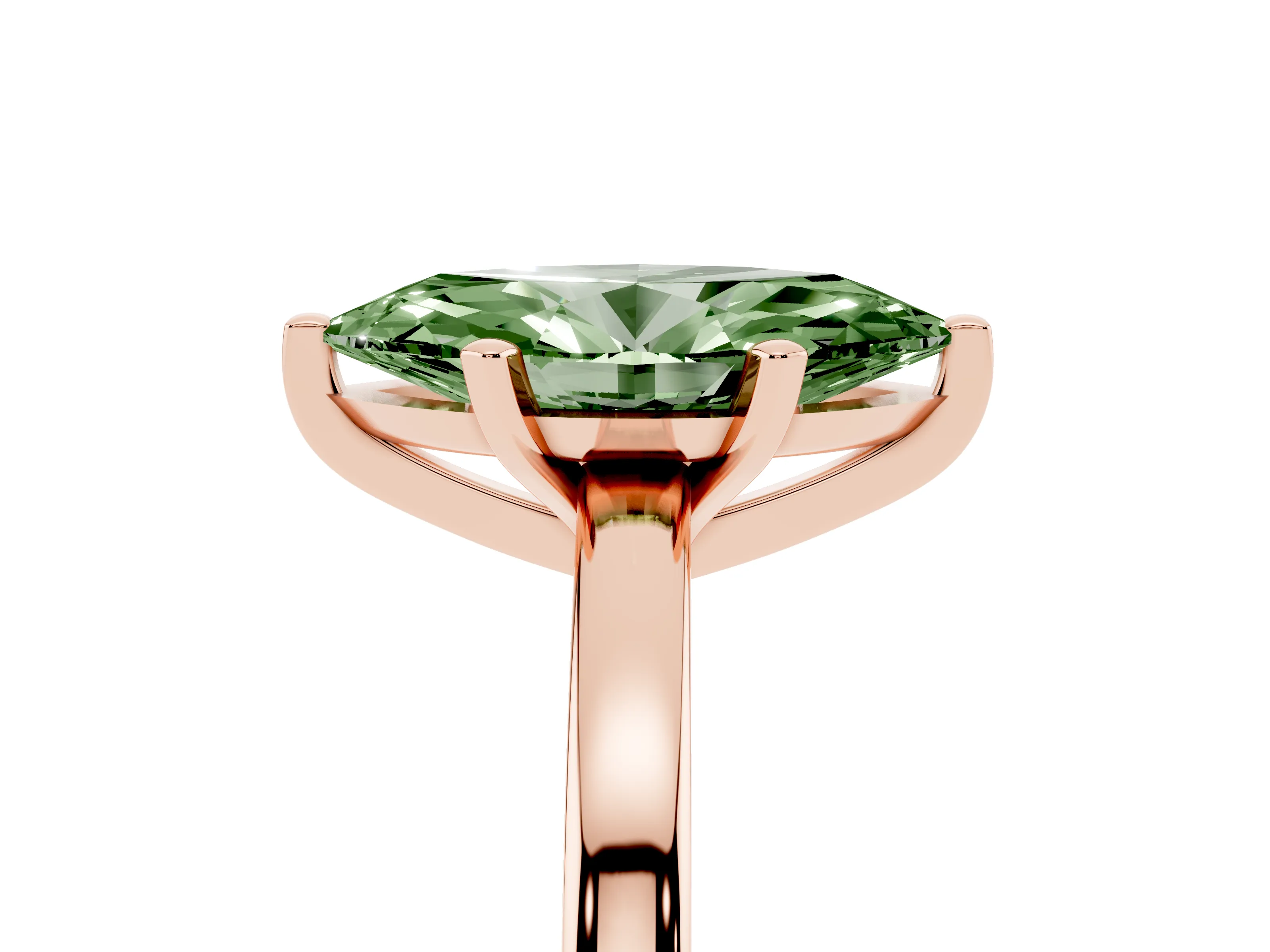 Fancy Green Marquise Cut Diamond Solitaire Engagement Ring Set in Rose gold with Prong Setting on a Classic Band