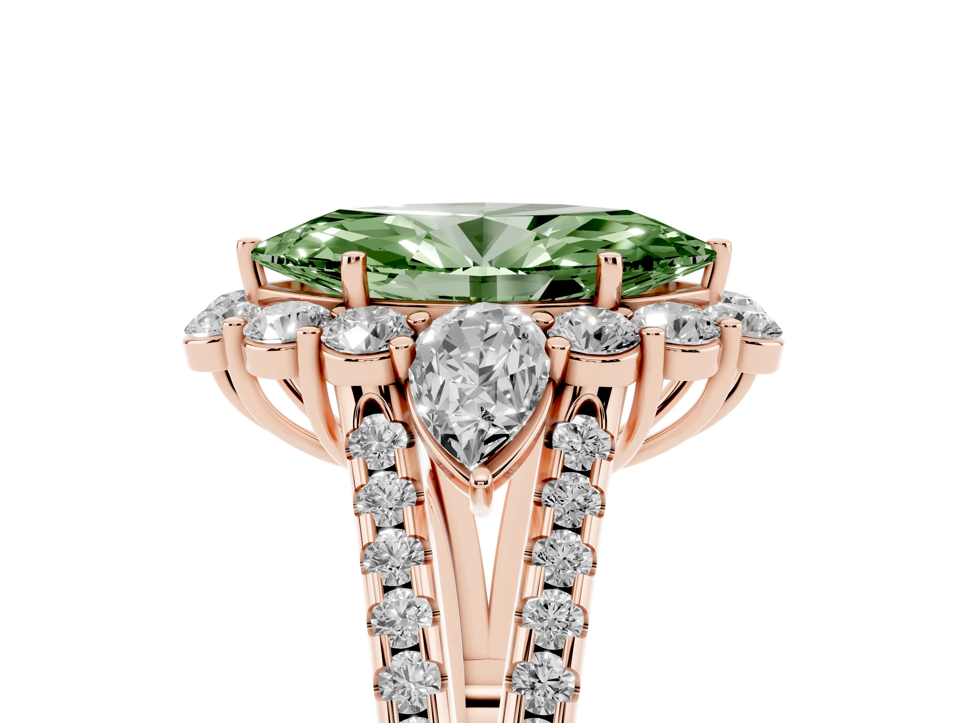 Fancy Green Marquise Cut Diamond Halo Split Shank Engagement Ring Set in Rose gold with Prong-Held Center Stone