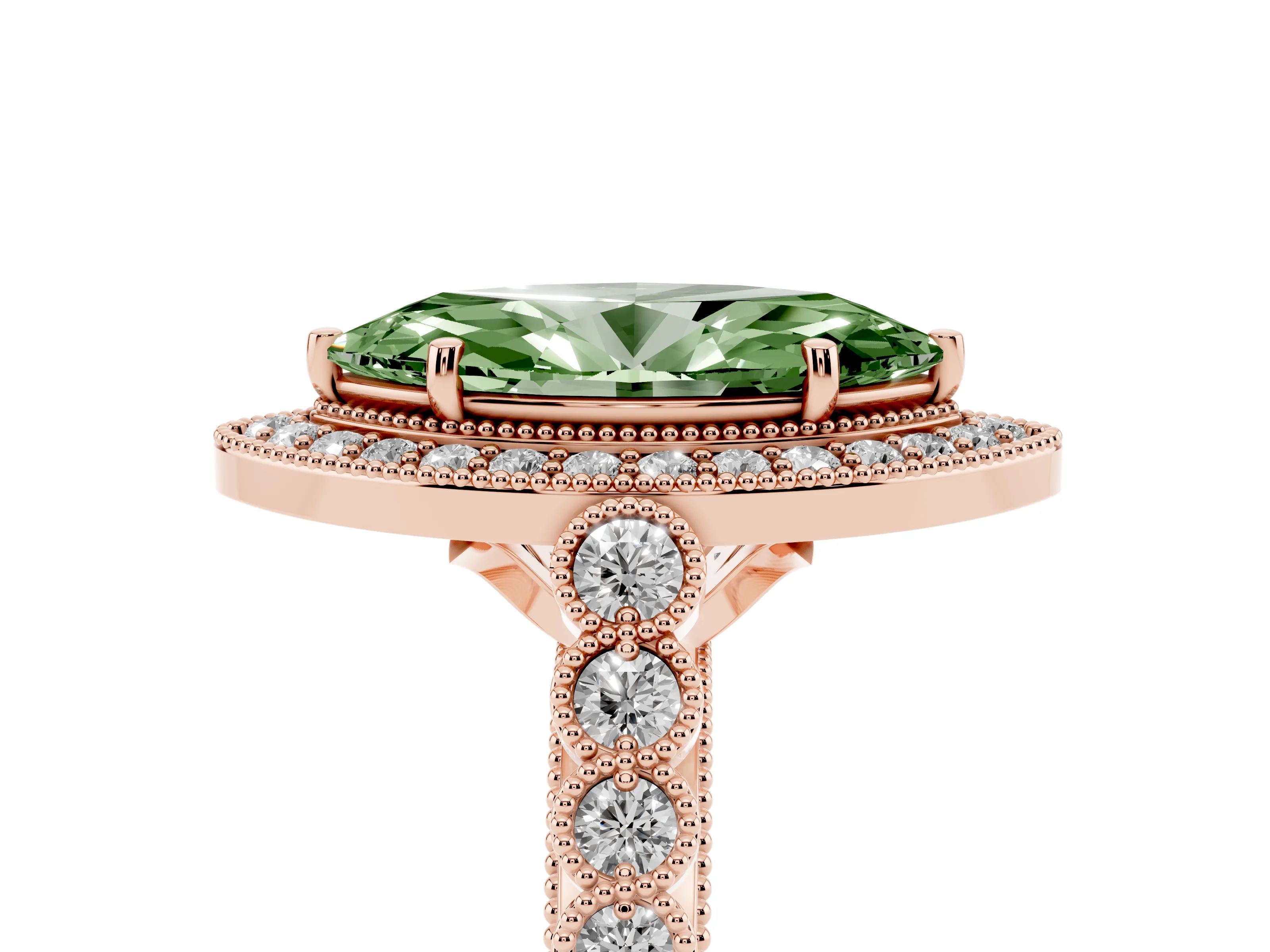 Fancy Green Marquise Cut Diamond Milgrain Halo Solitaire Ring Set in Rose gold with Bezel Set Side Stones and Pavé Band