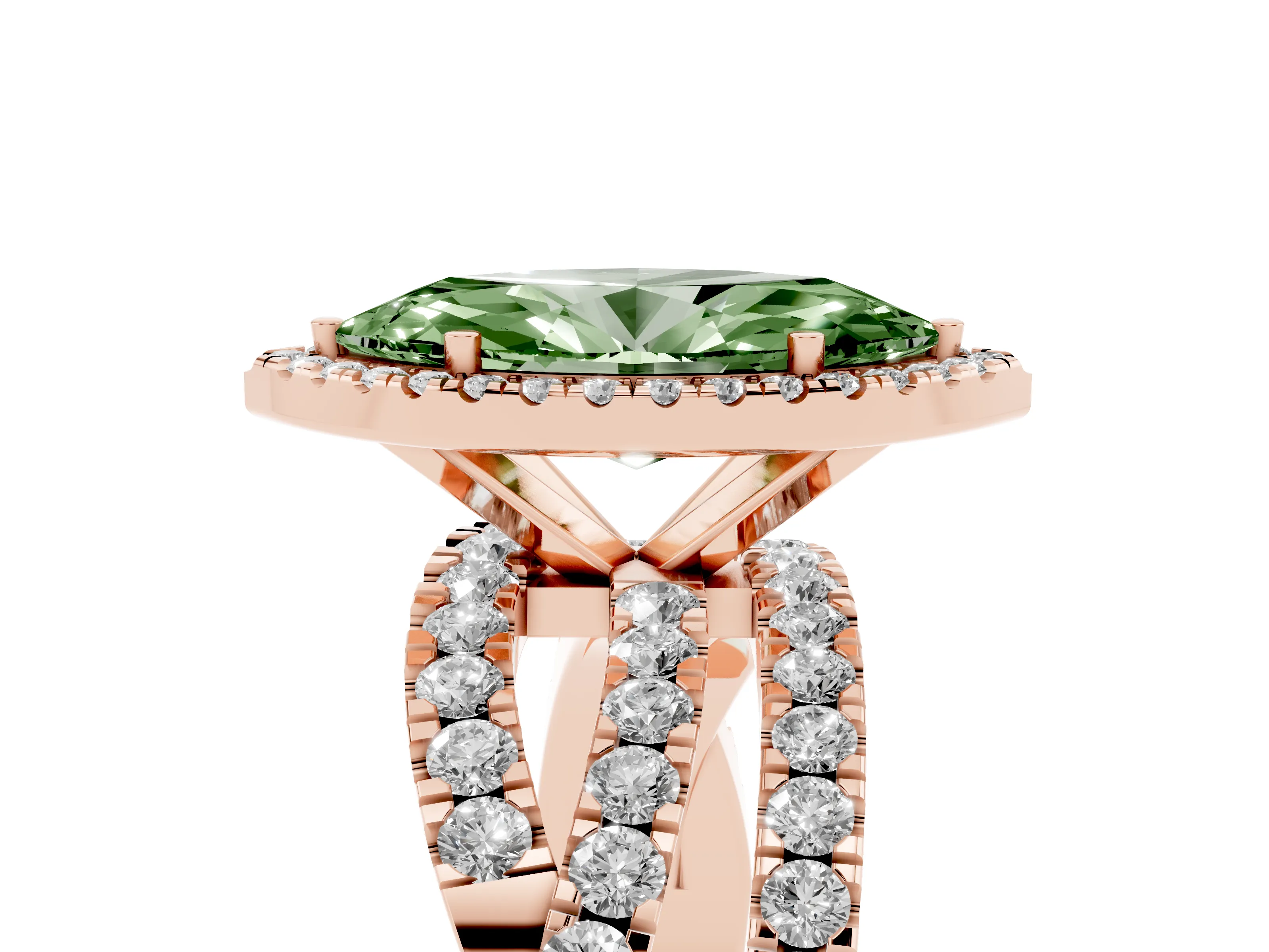 Fancy Green Marquise Cut Diamond Halo Ring Set in Rose gold with Round Crossover Split Shank and Prong Setting