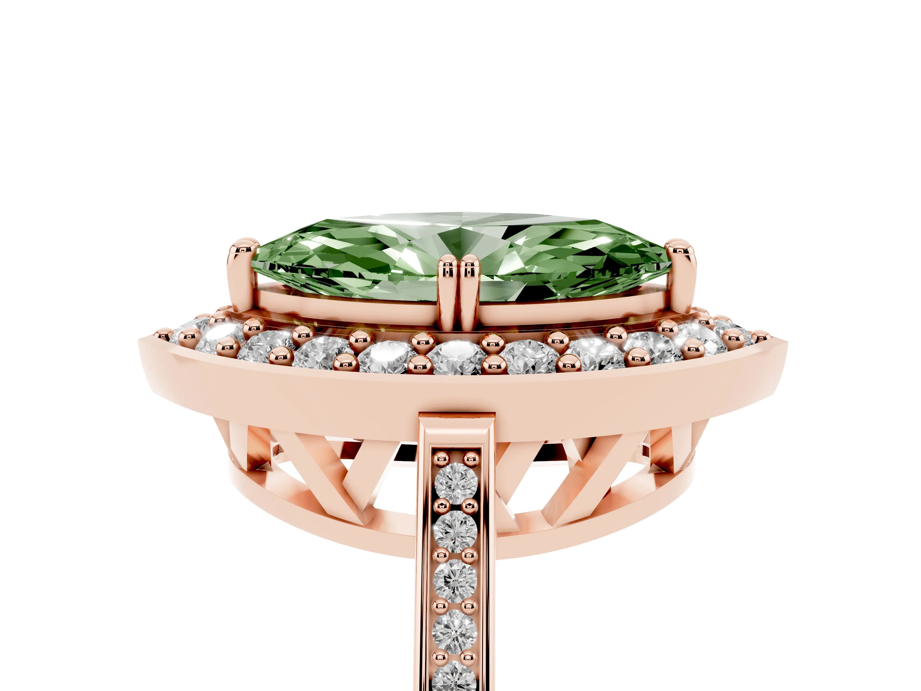 Fancy Green Marquise Cut Diamond Halo Ring Set in Rose gold with Accent-Lined Split Shank and Prong Setting
