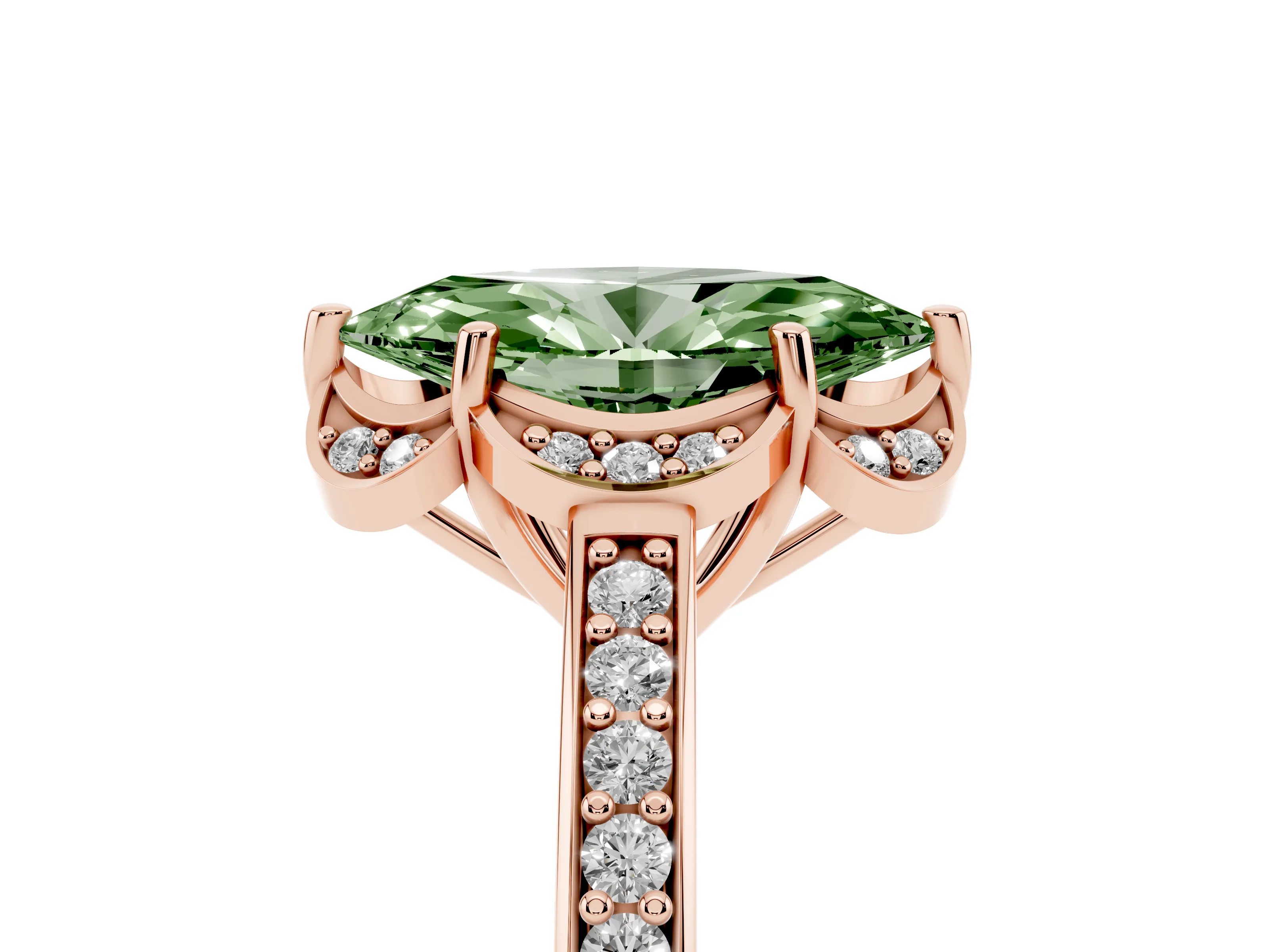 Fancy Green Marquise Cut Diamond Halo Ring Set in Rose gold with Channel Set Band and Prong Setting