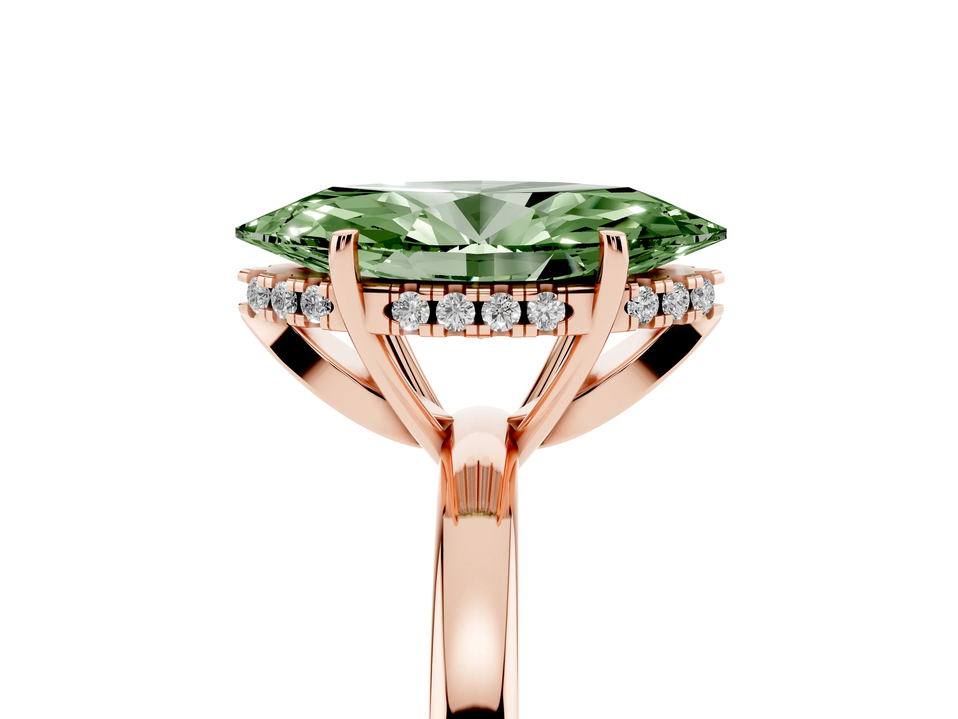 Fancy Green Marquise Cut Diamond Solitaire Ring Set in Rose gold with Plain Band and Prong Setting