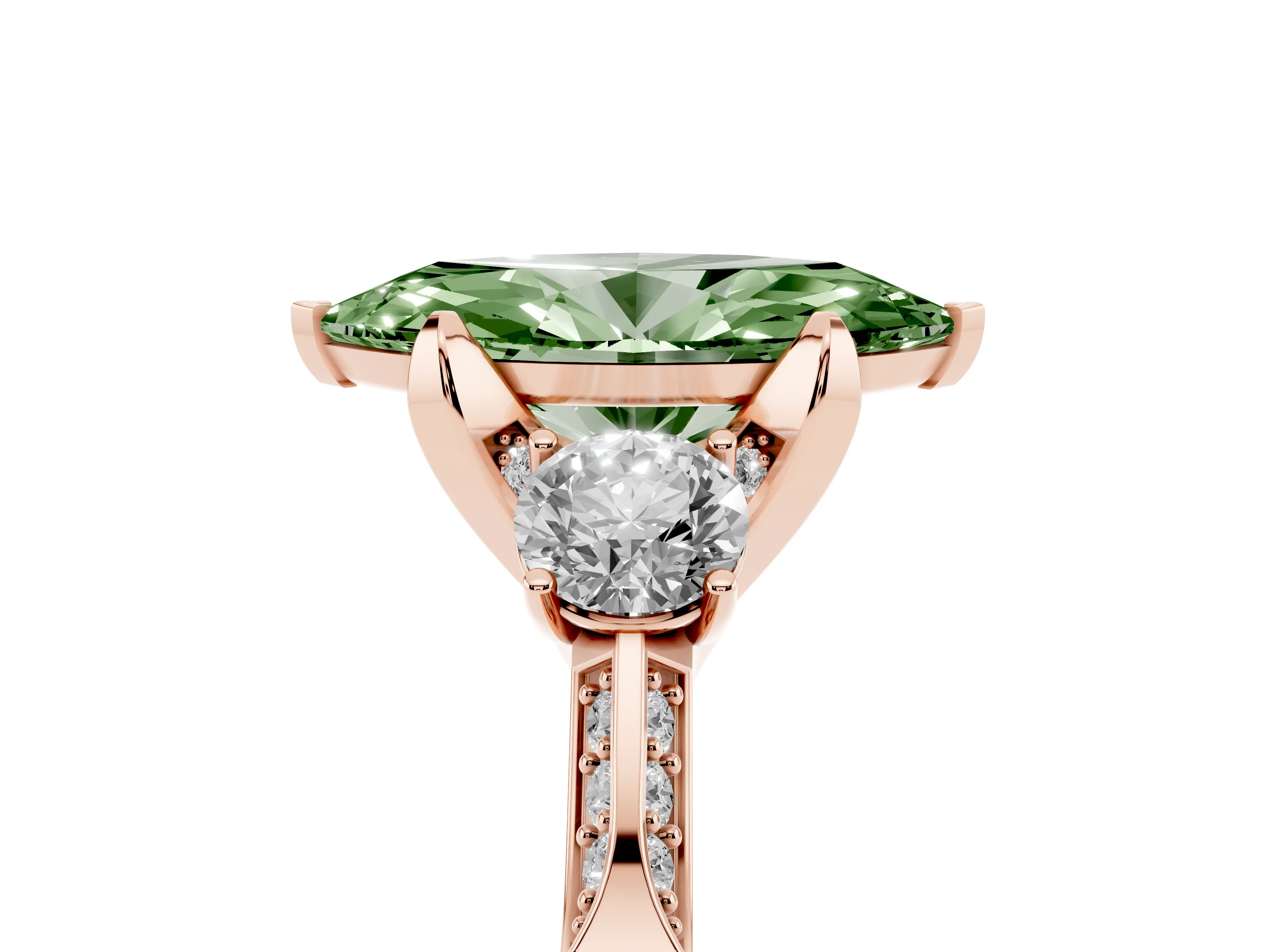 Fancy Green Marquise Cut Diamond Three-Stone Ring Set in Rose gold with Pavé Band and Smaller Side Stones