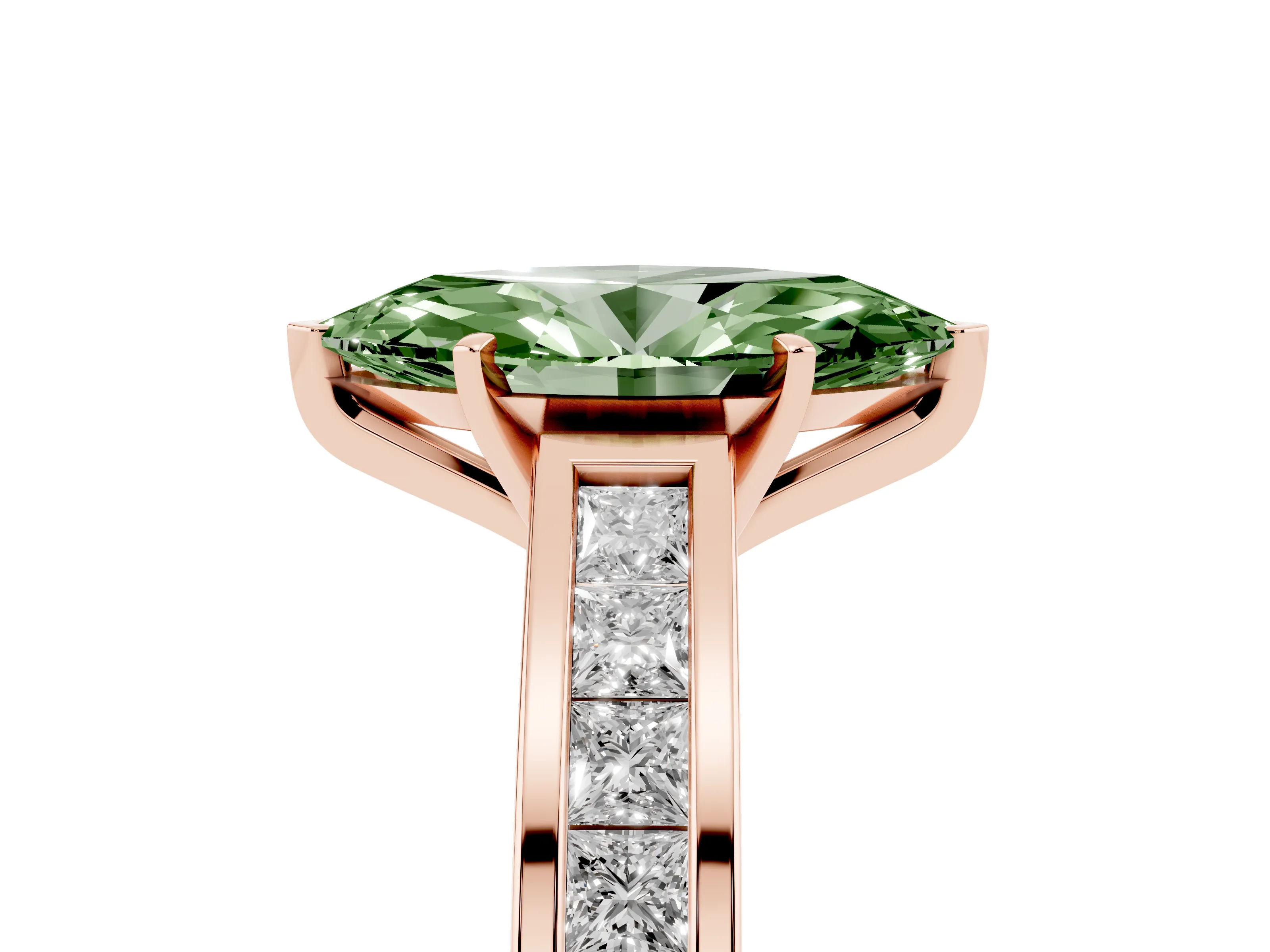 Fancy Green Marquise Cut Diamond Solitaire Ring Set in Rose gold with Channel-Set Band and Prong Setting