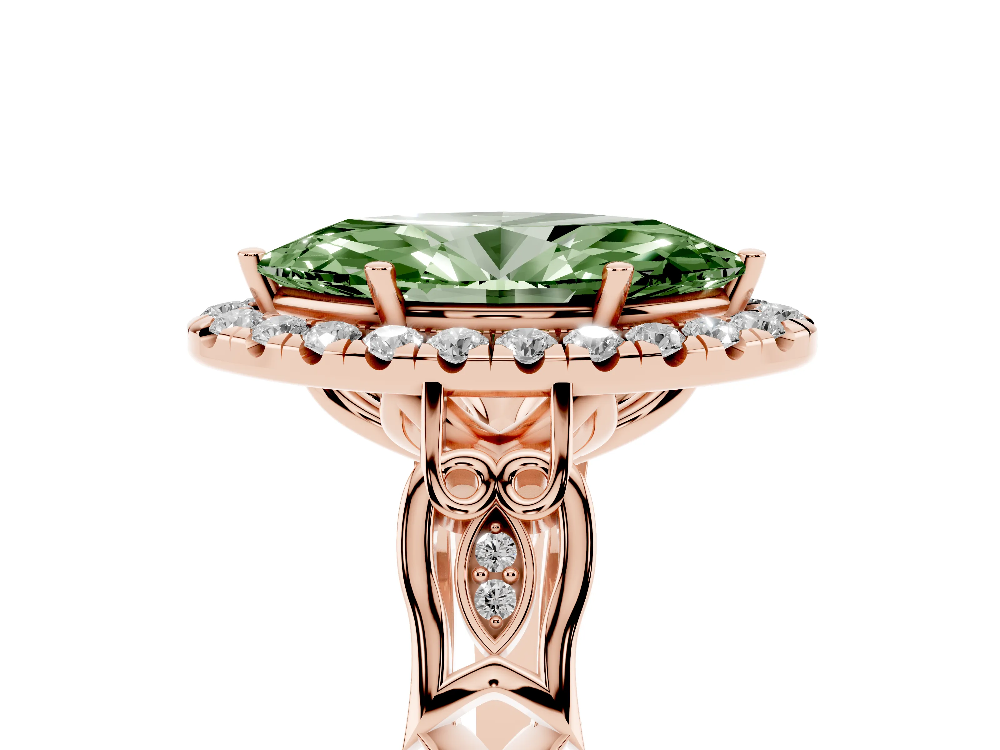 Fancy Green Marquise Cut Diamond Halo Engagement Ring Set in Rose gold with Filigree Band and Prong-Set Center
