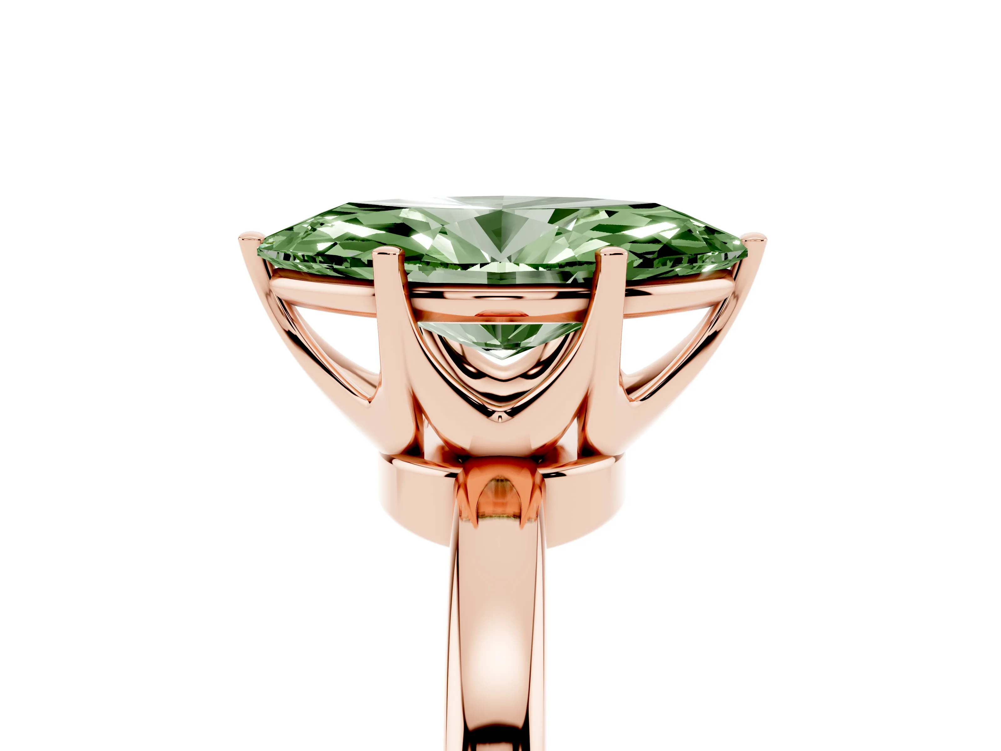 Fancy Green Marquise Cut Diamond Solitaire Ring Set in Rose gold with Raised Prong Setting on a Classic Band