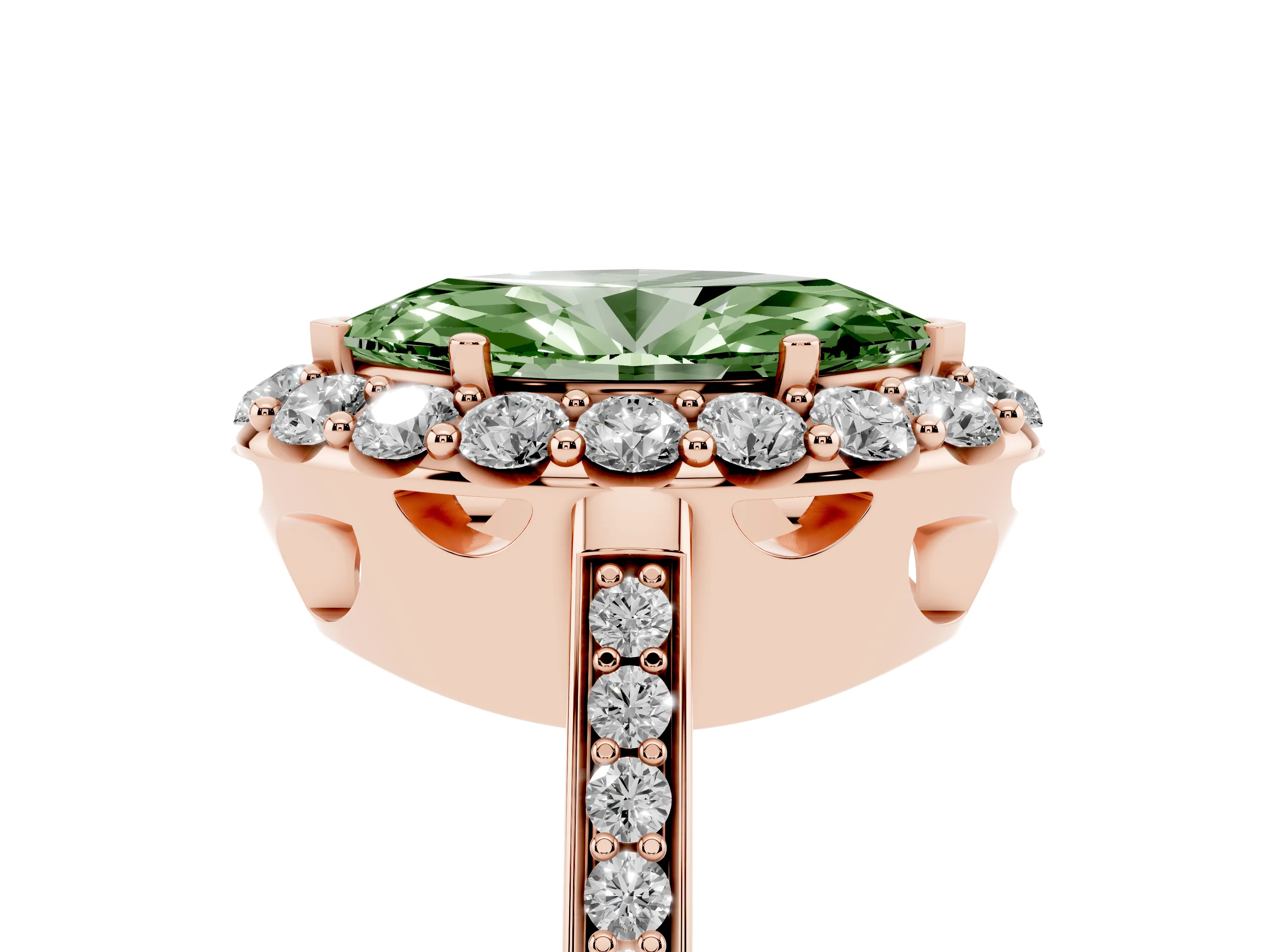 Fancy Green Marquise Cut Diamond Floral Halo Ring Set in Rose gold with Pavé Band and Prong Setting