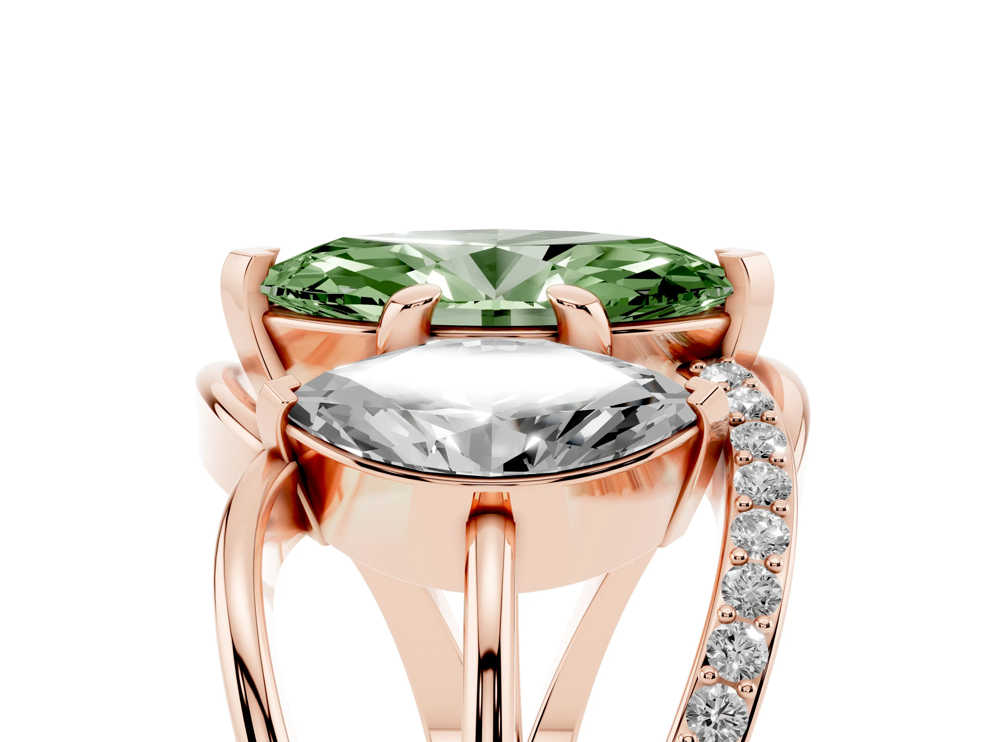 Fancy Green Marquise Cut Diamond Three-Stone Ring Set in Rose gold with Split Shank and Prong Setting