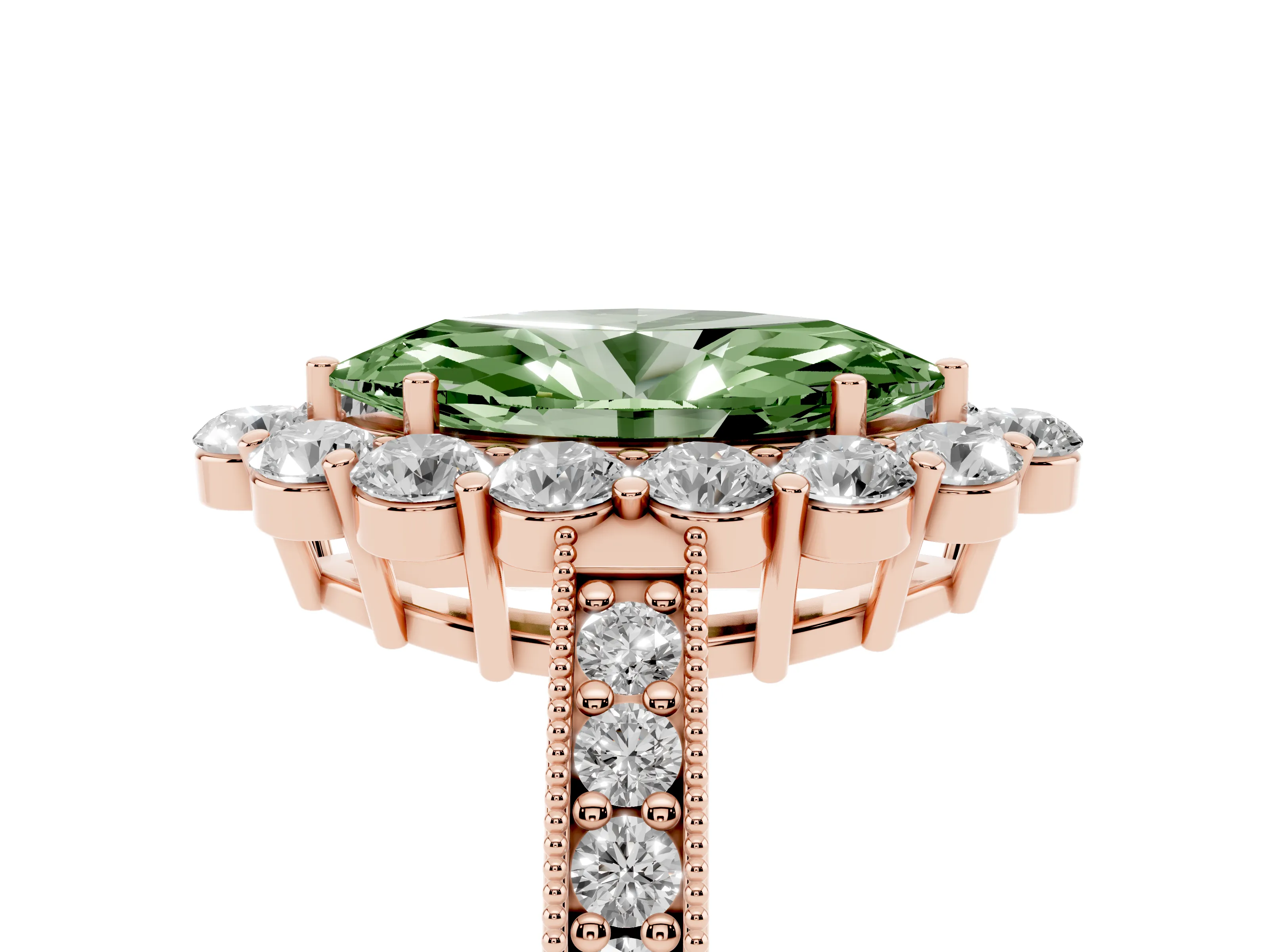 Fancy Green Marquise Cut Diamond Halo Pavé Engagement Ring Set in Rose gold with Milgrain Detailing