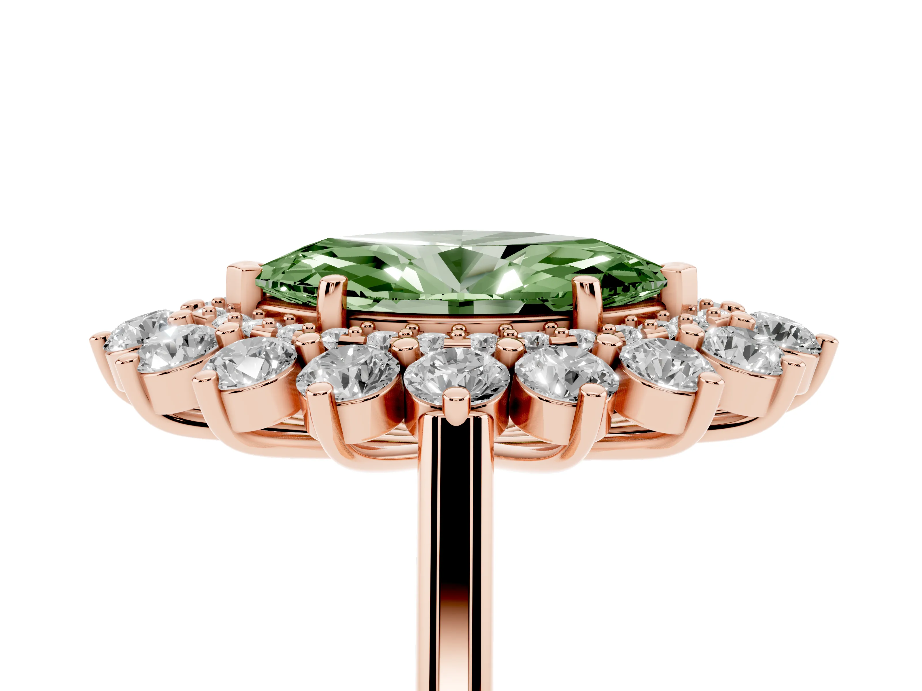 Fancy Green Marquise Cut Diamond Floral Double Halo Ring Set in Rose gold with Round Petals