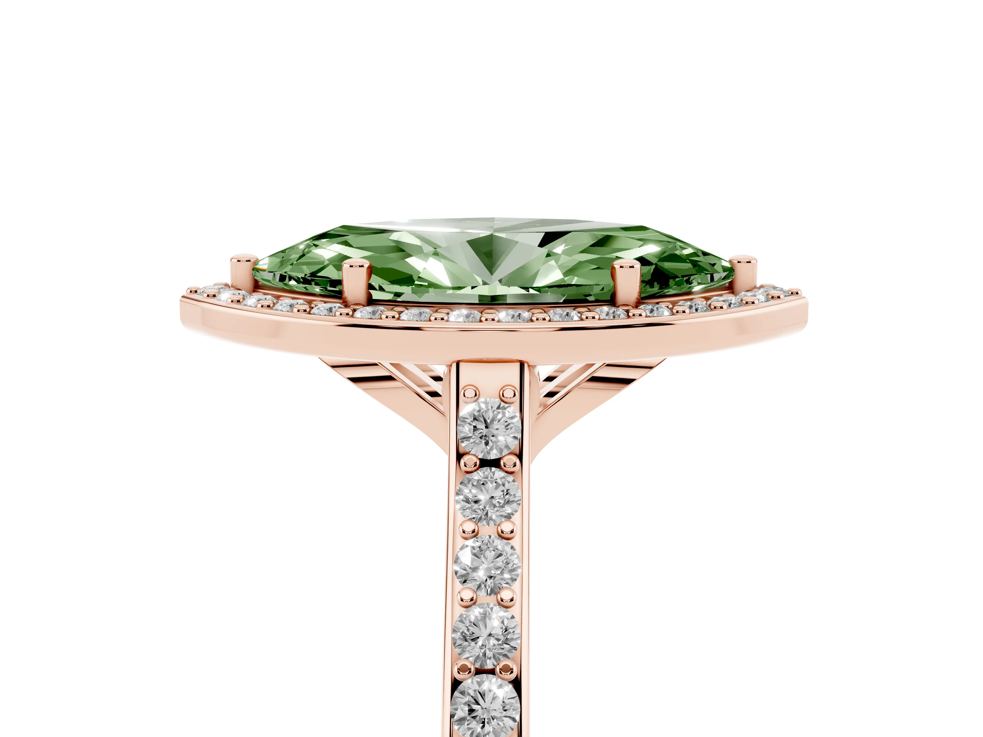 Fancy Green Marquise Cut Diamond Halo Engagement Ring Set in Rose gold with Round Pavé Shoulders and Heart Gallery