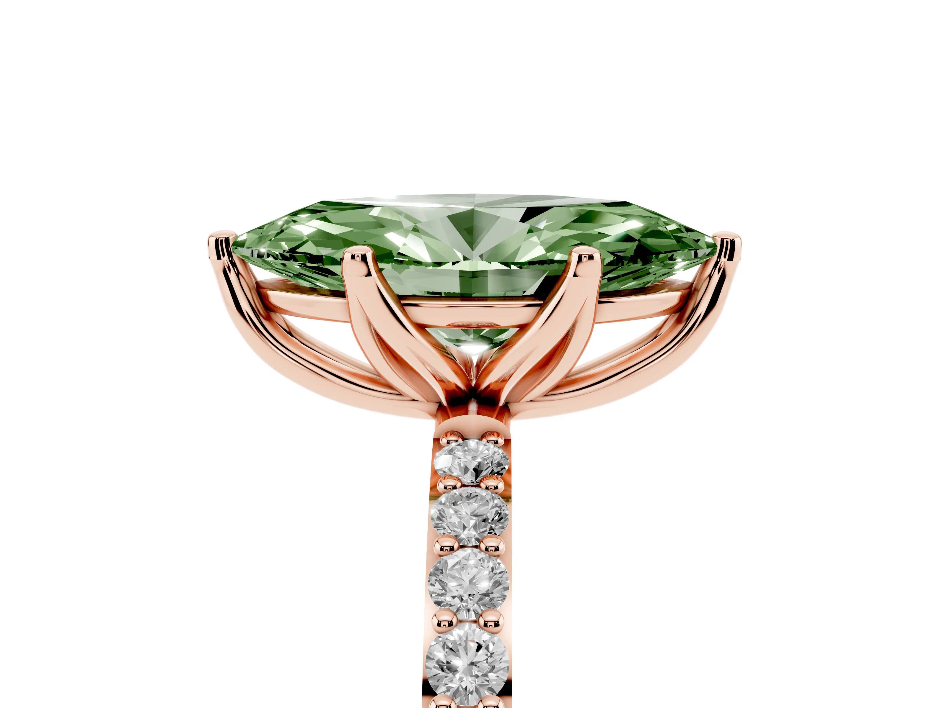 Fancy Green Marquise Cut Diamond Solitaire Engagement Ring Set in Rose gold with Round Pavé Band and Prong Setting