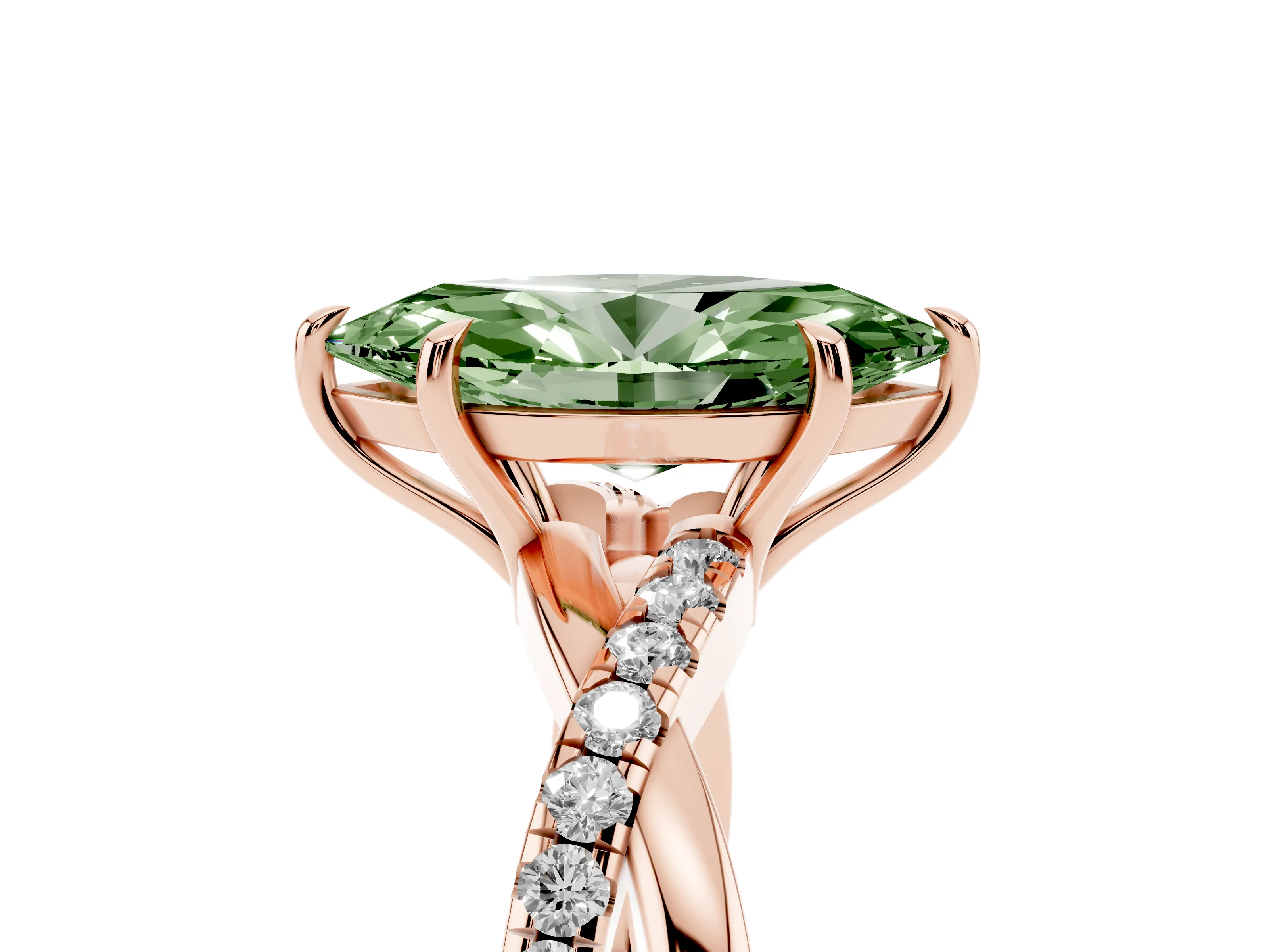 Fancy Green Marquise Cut Diamond Twisted Pavé Band Ring Set in Rose gold with Prong Setting