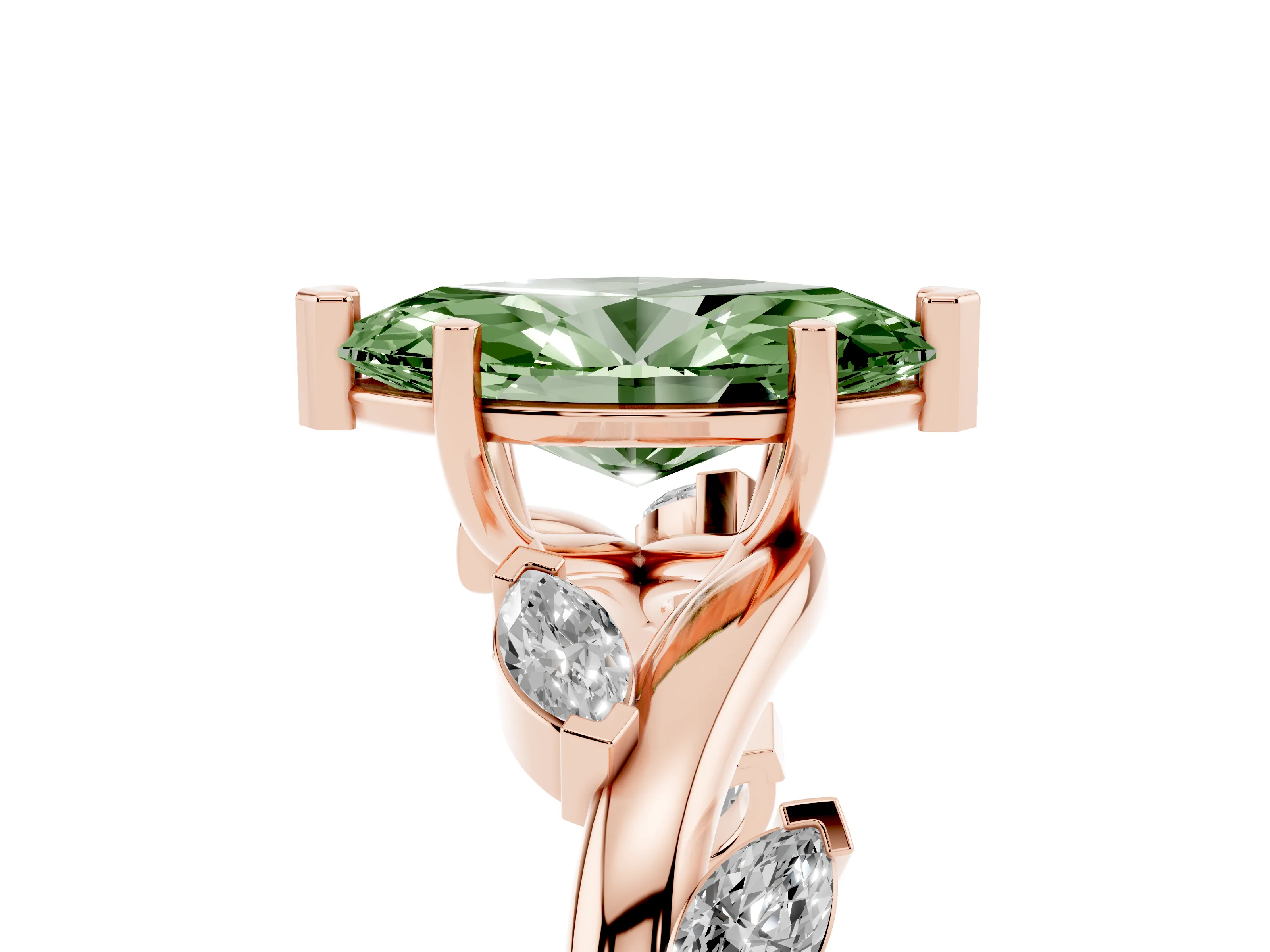 Fancy Green Marquise Cut Diamond Solitaire Ring Set in Rose gold with Twisted Marquise Accent Band