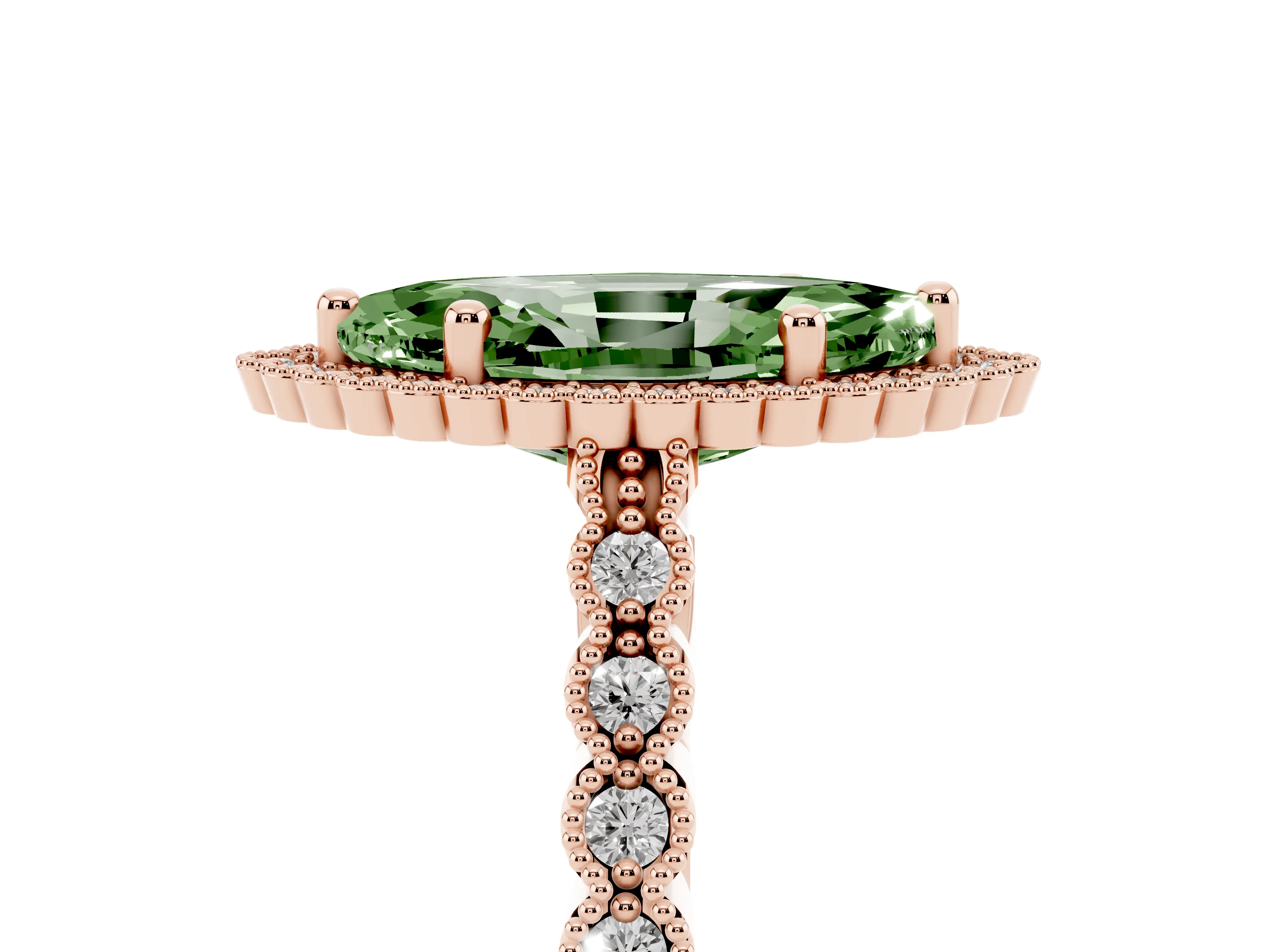 Fancy Green Marquise Cut Diamond Halo Ring Set in Rose gold with Pavé Milgrain Band