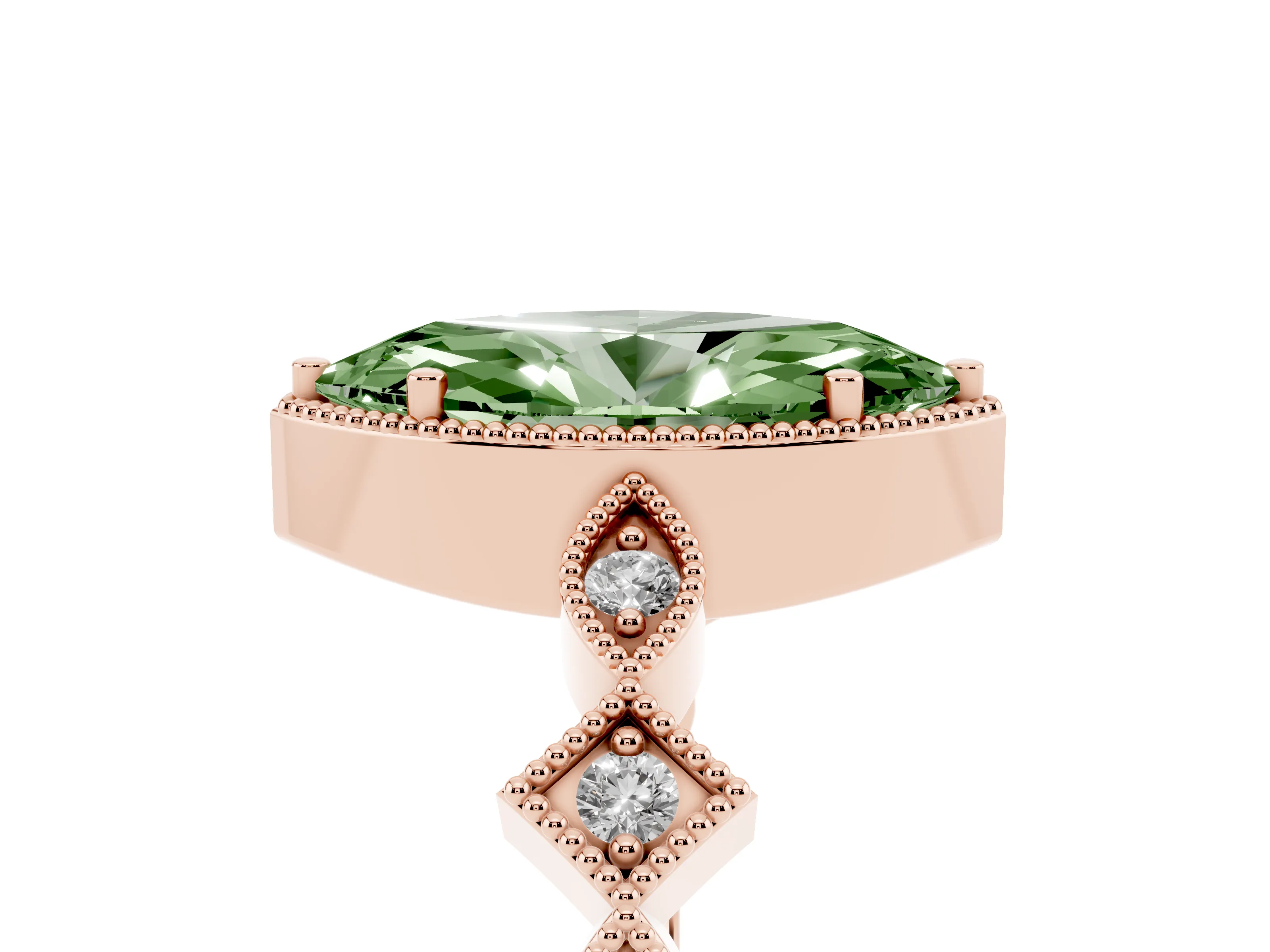 Fancy Green Marquise Cut Diamond Milgrain Marquise Twist Band Ring Set in Rose gold with Prong Setting